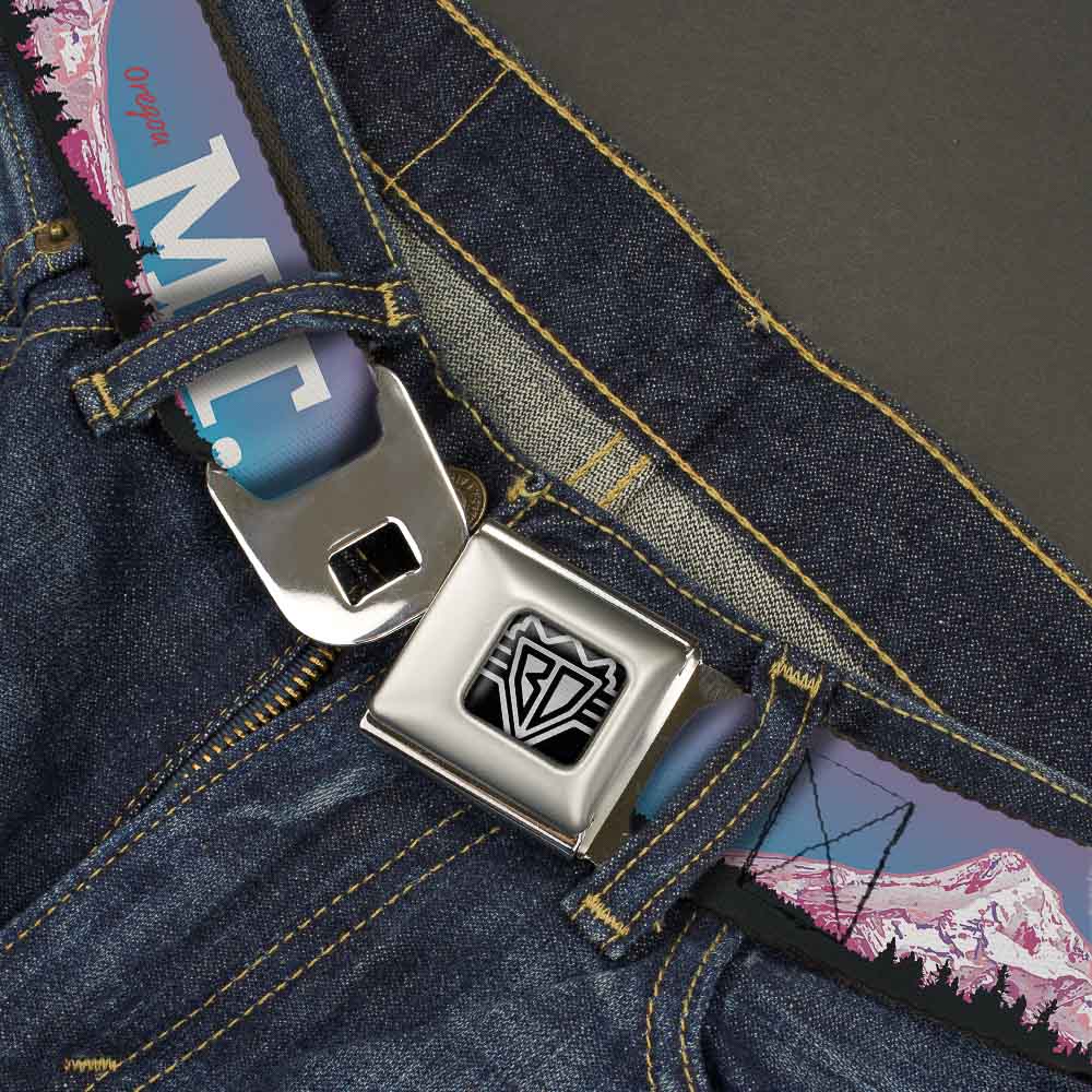 BD Wings Logo CLOSE-UP Full Color Black Silver Seatbelt Belt - Oregon MT. HOOD Scenery Blues/Purples/Black/White Webbing Seatbelt Belts Buckle-Down