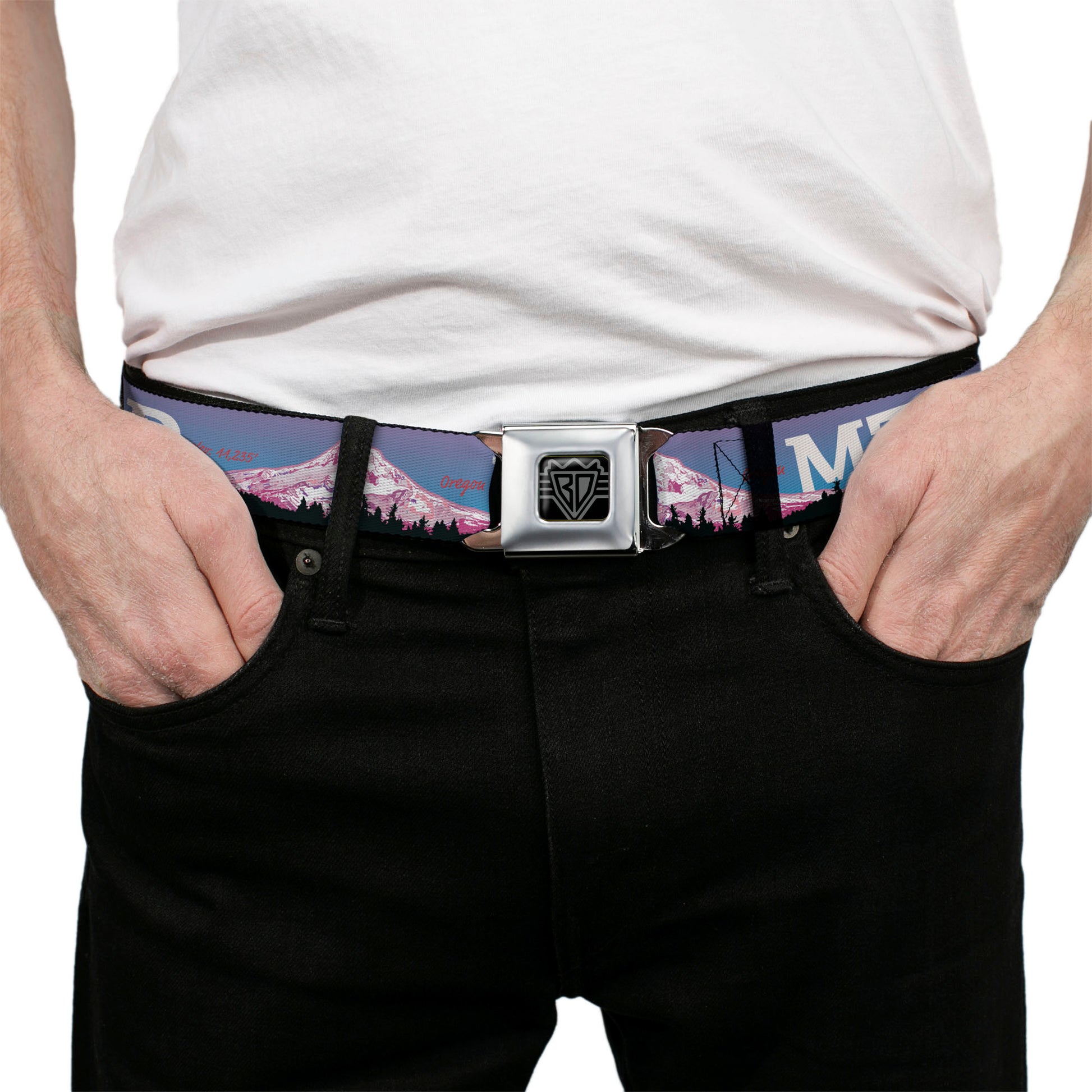 BD Wings Logo CLOSE-UP Full Color Black Silver Seatbelt Belt - Oregon MT. HOOD Scenery Blues/Purples/Black/White Webbing Seatbelt Belts Buckle-Down