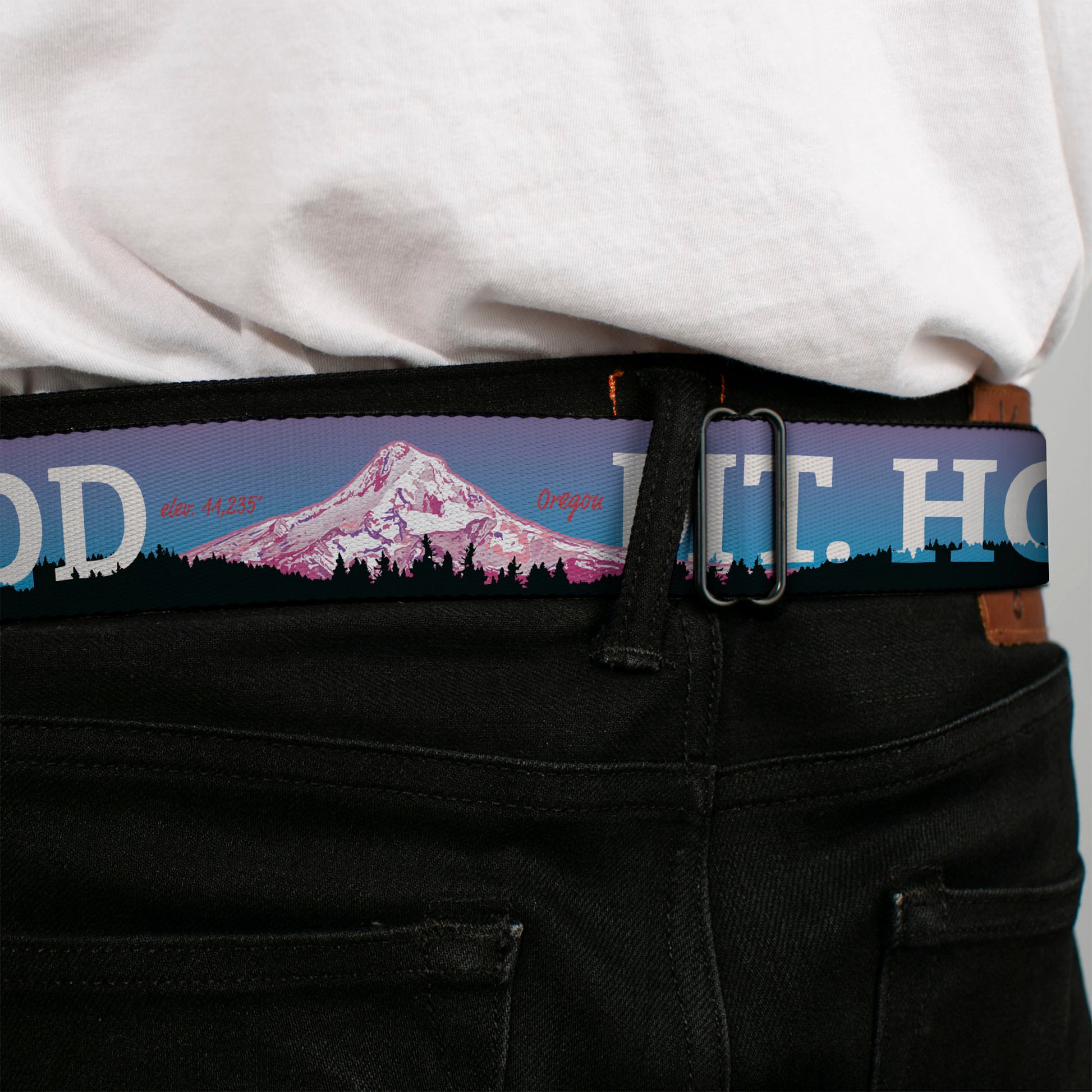 BD Wings Logo CLOSE-UP Full Color Black Silver Seatbelt Belt - Oregon MT. HOOD Scenery Blues/Purples/Black/White Webbing Seatbelt Belts Buckle-Down