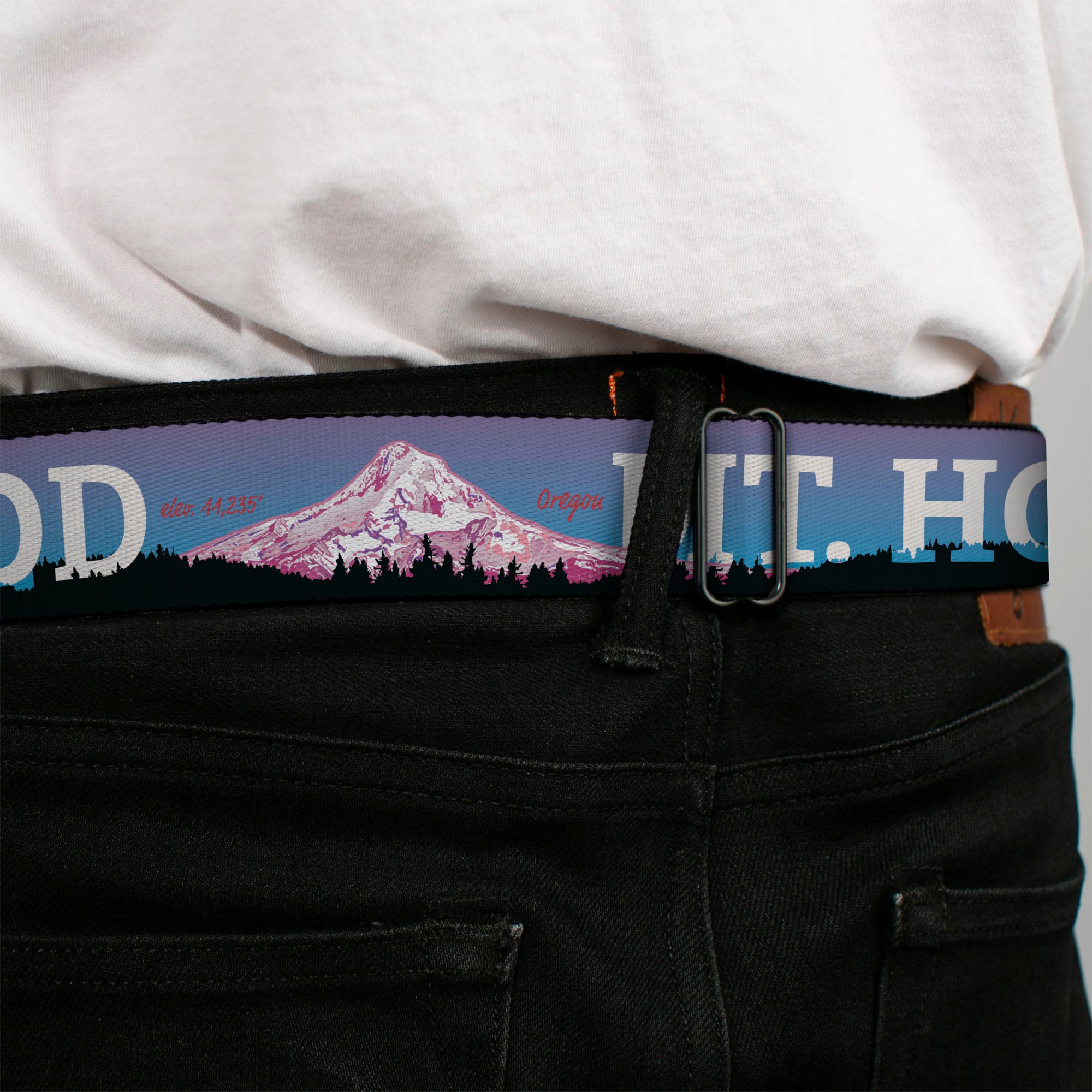 BD Wings Logo CLOSE-UP Full Color Black Silver Seatbelt Belt - Oregon MT. HOOD Scenery Blues/Purples/Black/White Webbing Seatbelt Belts Buckle-Down