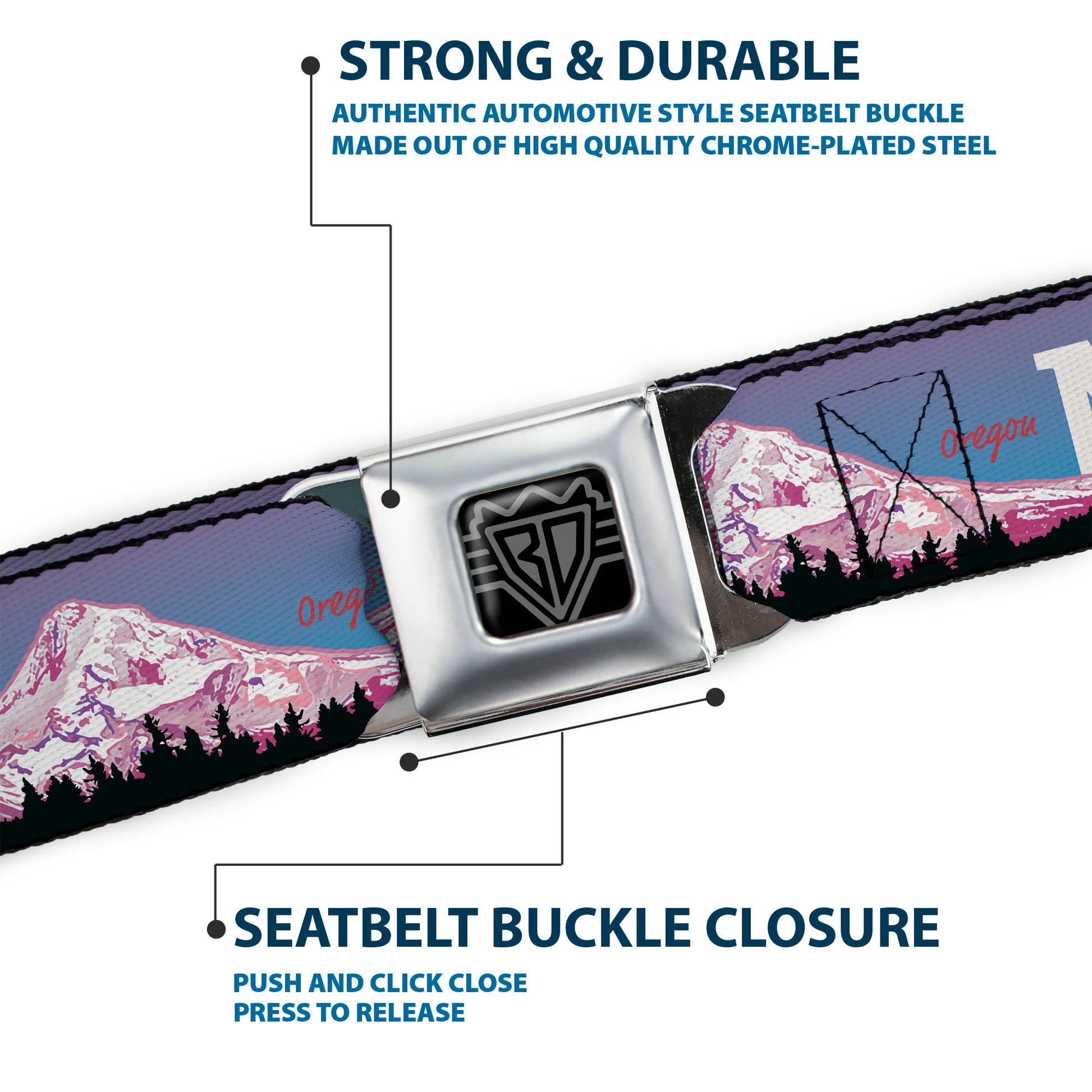 BD Wings Logo CLOSE-UP Full Color Black Silver Seatbelt Belt - Oregon MT. HOOD Scenery Blues/Purples/Black/White Webbing Seatbelt Belts Buckle-Down