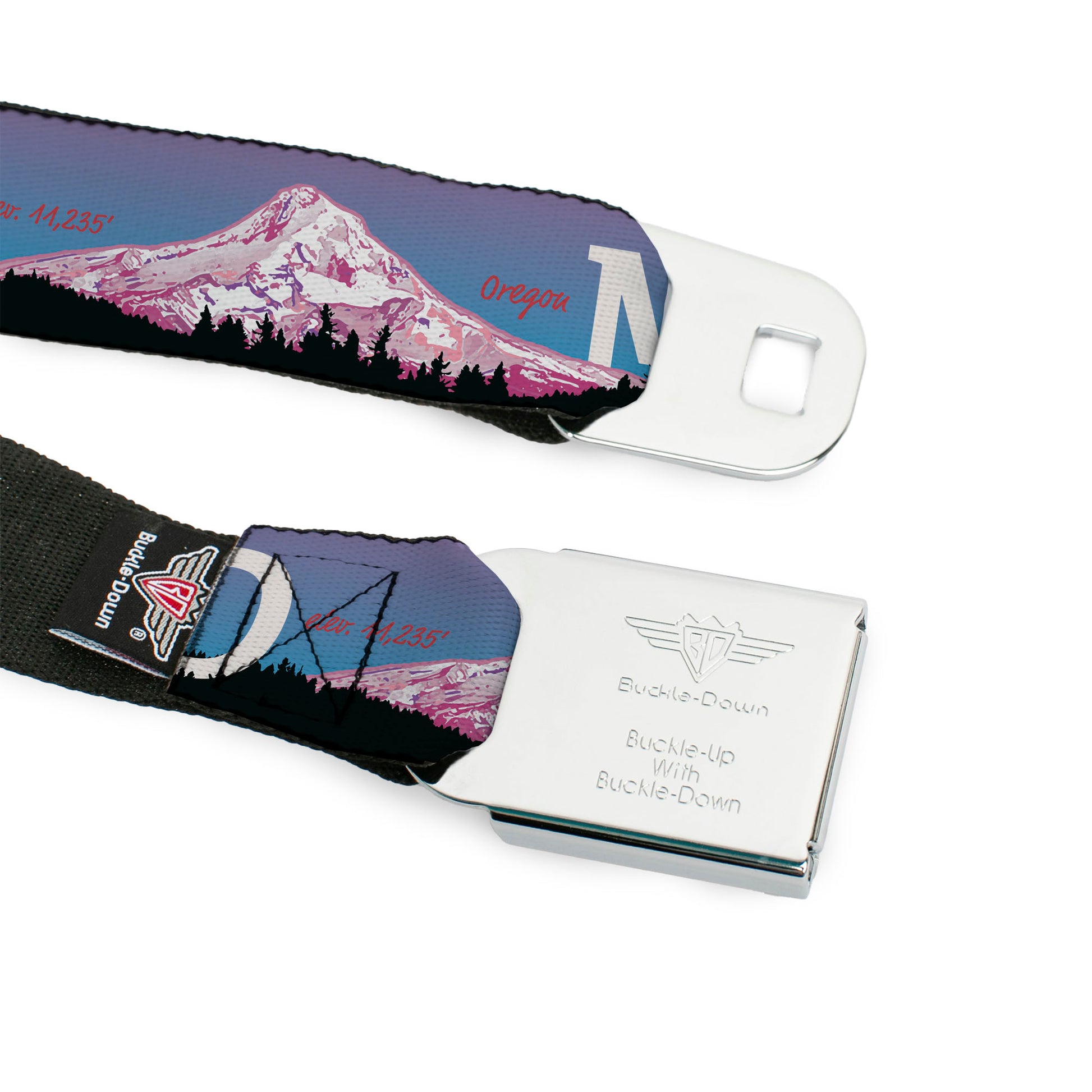 BD Wings Logo CLOSE-UP Full Color Black Silver Seatbelt Belt - Oregon MT. HOOD Scenery Blues/Purples/Black/White Webbing Seatbelt Belts Buckle-Down