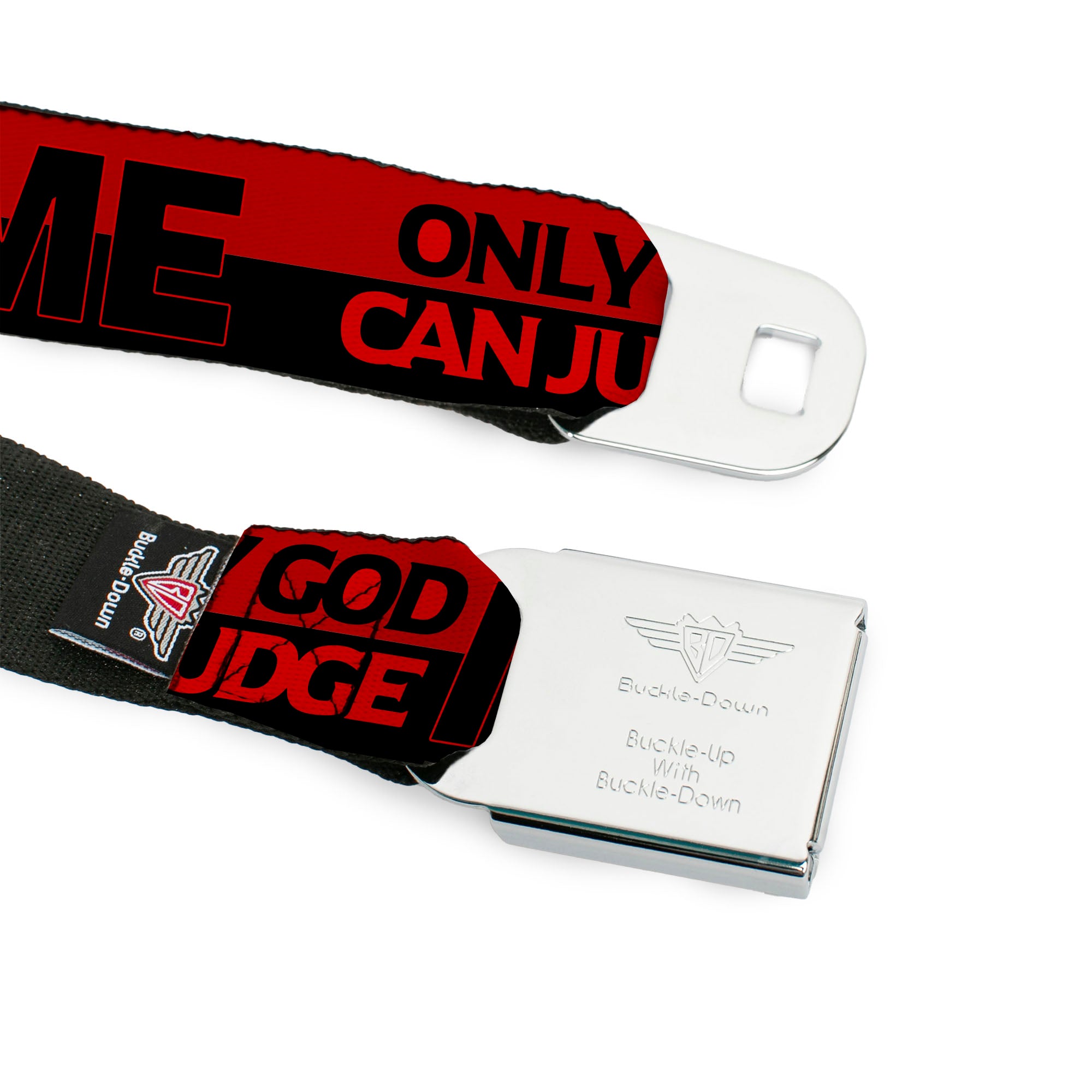 BD Wings Logo CLOSE-UP Full Color Black Silver Seatbelt Belt - ONLY GOD CAN JUDGE ME/Stripe Red/Black/Red Webbing Seatbelt Belts Buckle-Down