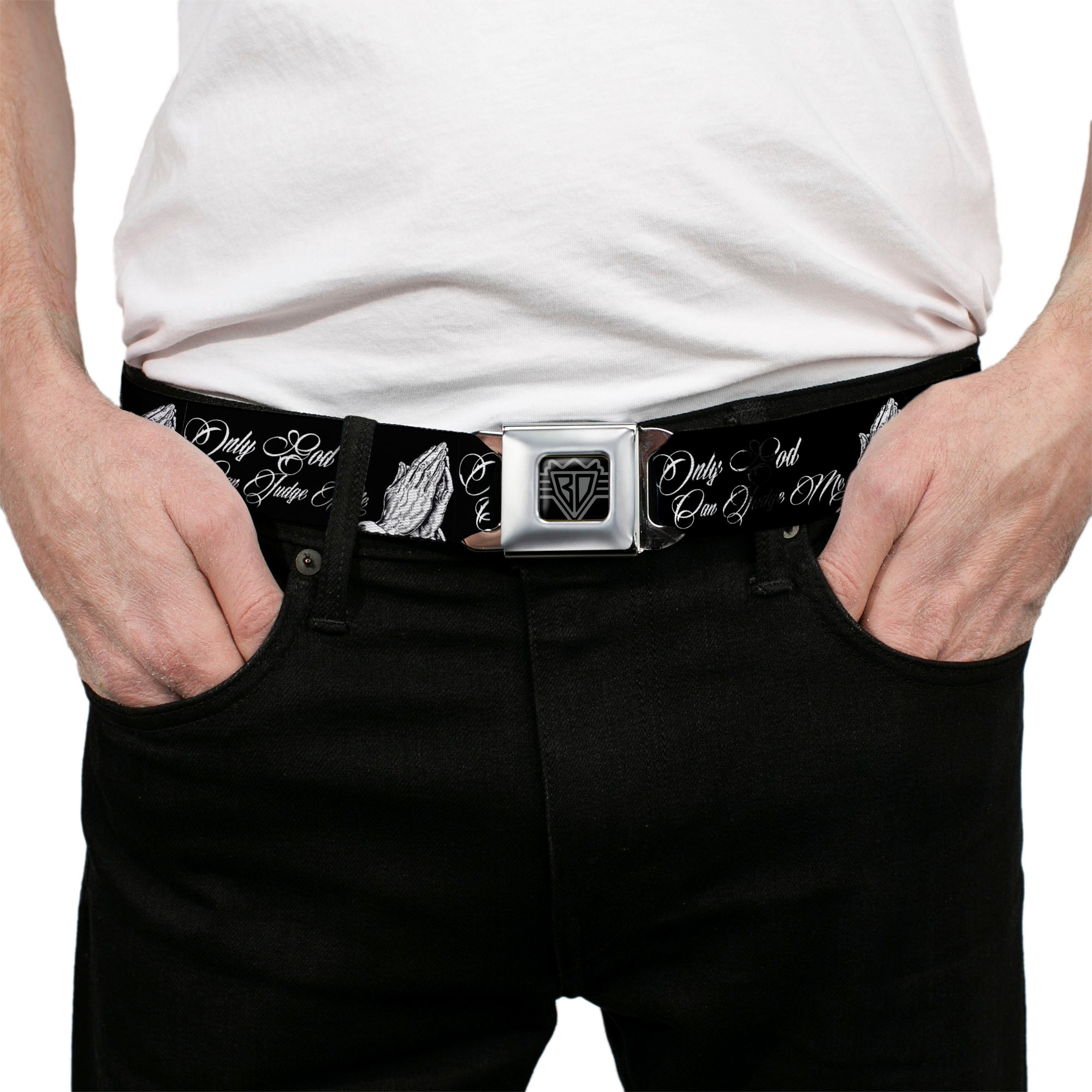 BD Wings Logo CLOSE-UP Full Color Black Silver Seatbelt Belt - ONLY GOD CAN JUDGE ME Script/Praying Hands Black/White Webbing Seatbelt Belts Buckle-Down