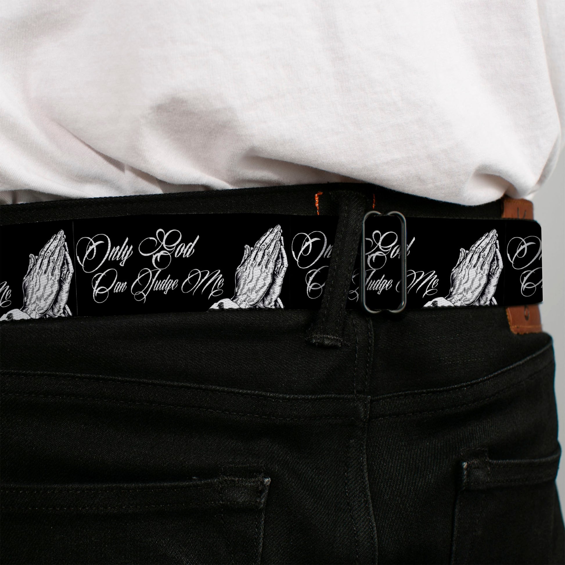 BD Wings Logo CLOSE-UP Full Color Black Silver Seatbelt Belt - ONLY GOD CAN JUDGE ME Script/Praying Hands Black/White Webbing Seatbelt Belts Buckle-Down