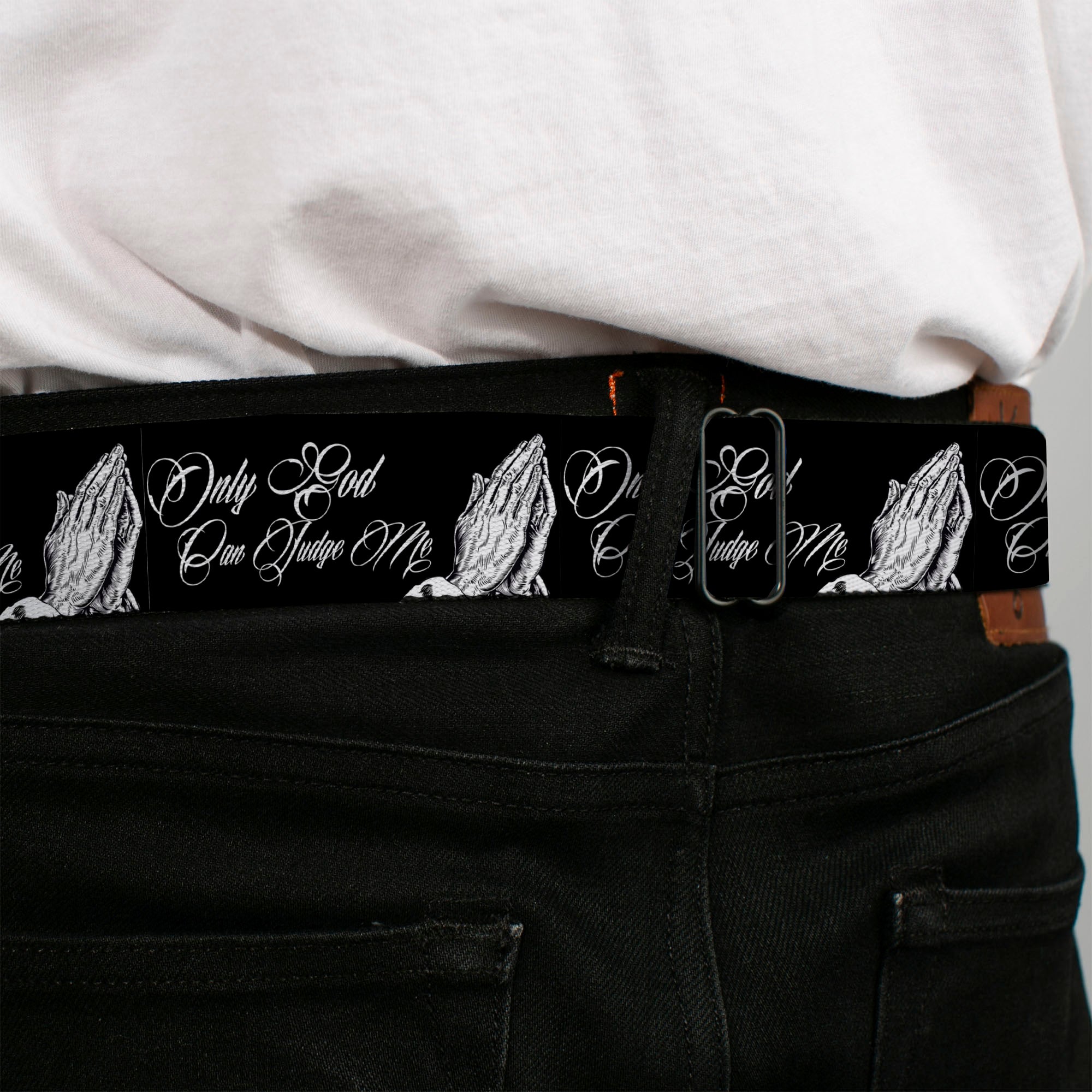 BD Wings Logo CLOSE-UP Full Color Black Silver Seatbelt Belt - ONLY GOD CAN JUDGE ME Script/Praying Hands Black/White Webbing Seatbelt Belts Buckle-Down