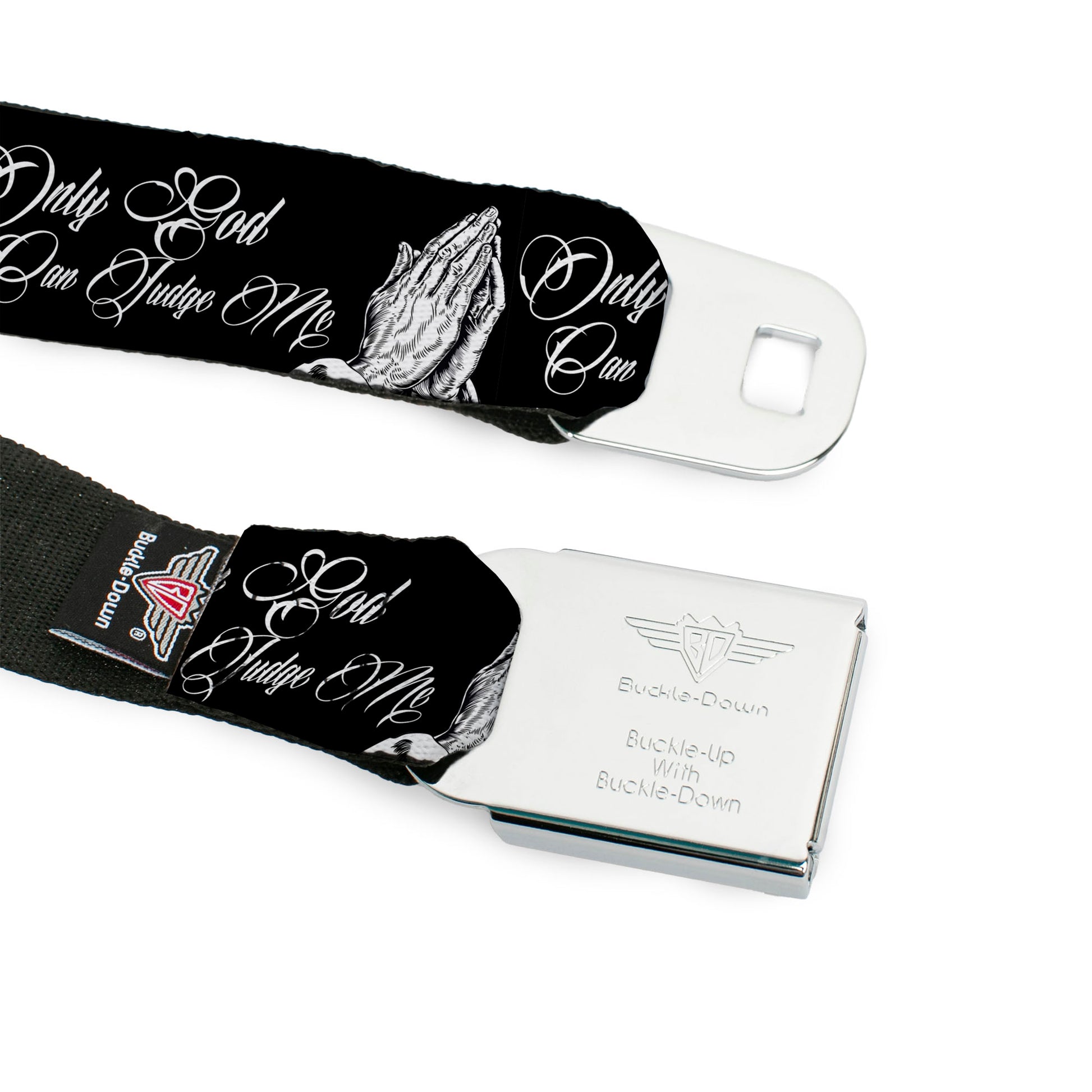 BD Wings Logo CLOSE-UP Full Color Black Silver Seatbelt Belt - ONLY GOD CAN JUDGE ME Script/Praying Hands Black/White Webbing Seatbelt Belts Buckle-Down