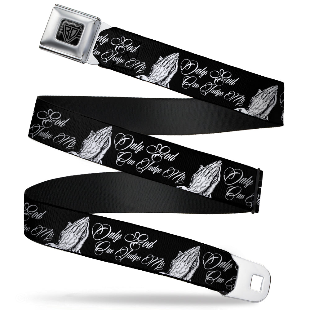 BD Wings Logo CLOSE-UP Full Color Black Silver Seatbelt Belt - ONLY GOD CAN JUDGE ME Script/Praying Hands Black/White Webbing Seatbelt Belts Buckle-Down