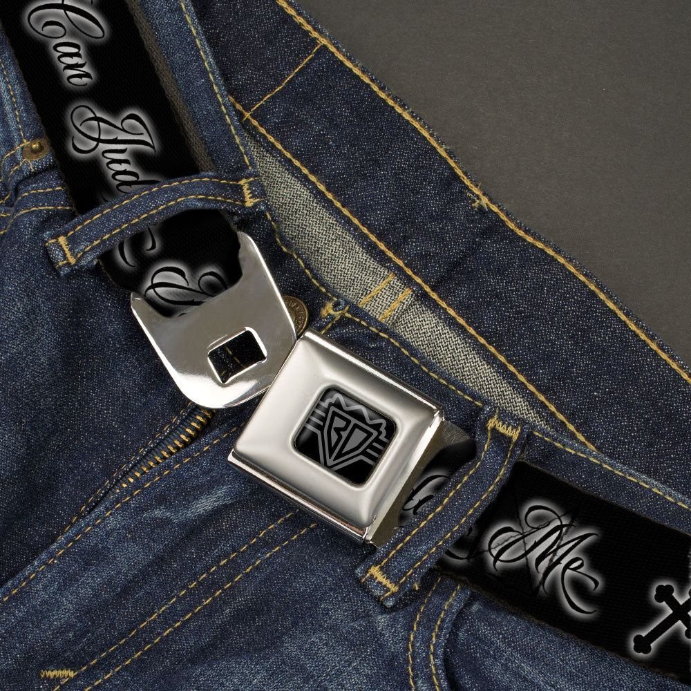 BD Wings Logo CLOSE-UP Black/Silver Seatbelt Belt - ONLY GOD CAN JUDGE ME Script/Rosary Black/Grays/White Webbing Seatbelt Belts Buckle-Down