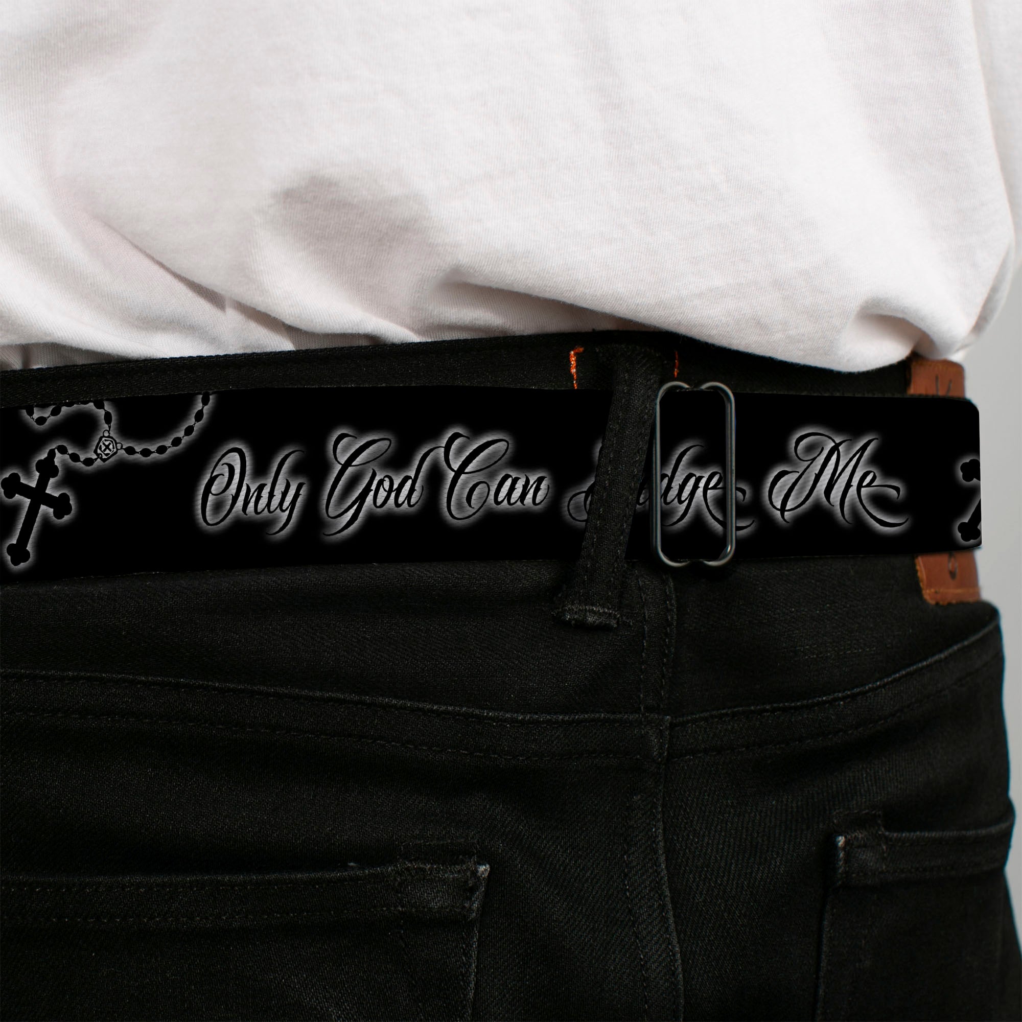 BD Wings Logo CLOSE-UP Black/Silver Seatbelt Belt - ONLY GOD CAN JUDGE ME Script/Rosary Black/Grays/White Webbing Seatbelt Belts Buckle-Down