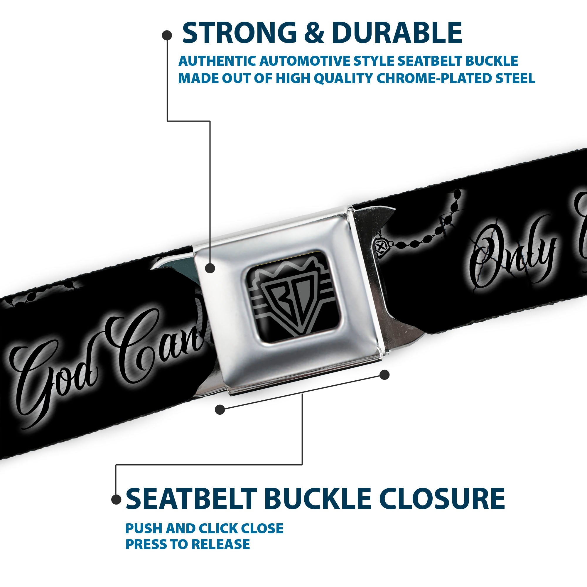 BD Wings Logo CLOSE-UP Black/Silver Seatbelt Belt - ONLY GOD CAN JUDGE ME Script/Rosary Black/Grays/White Webbing Seatbelt Belts Buckle-Down