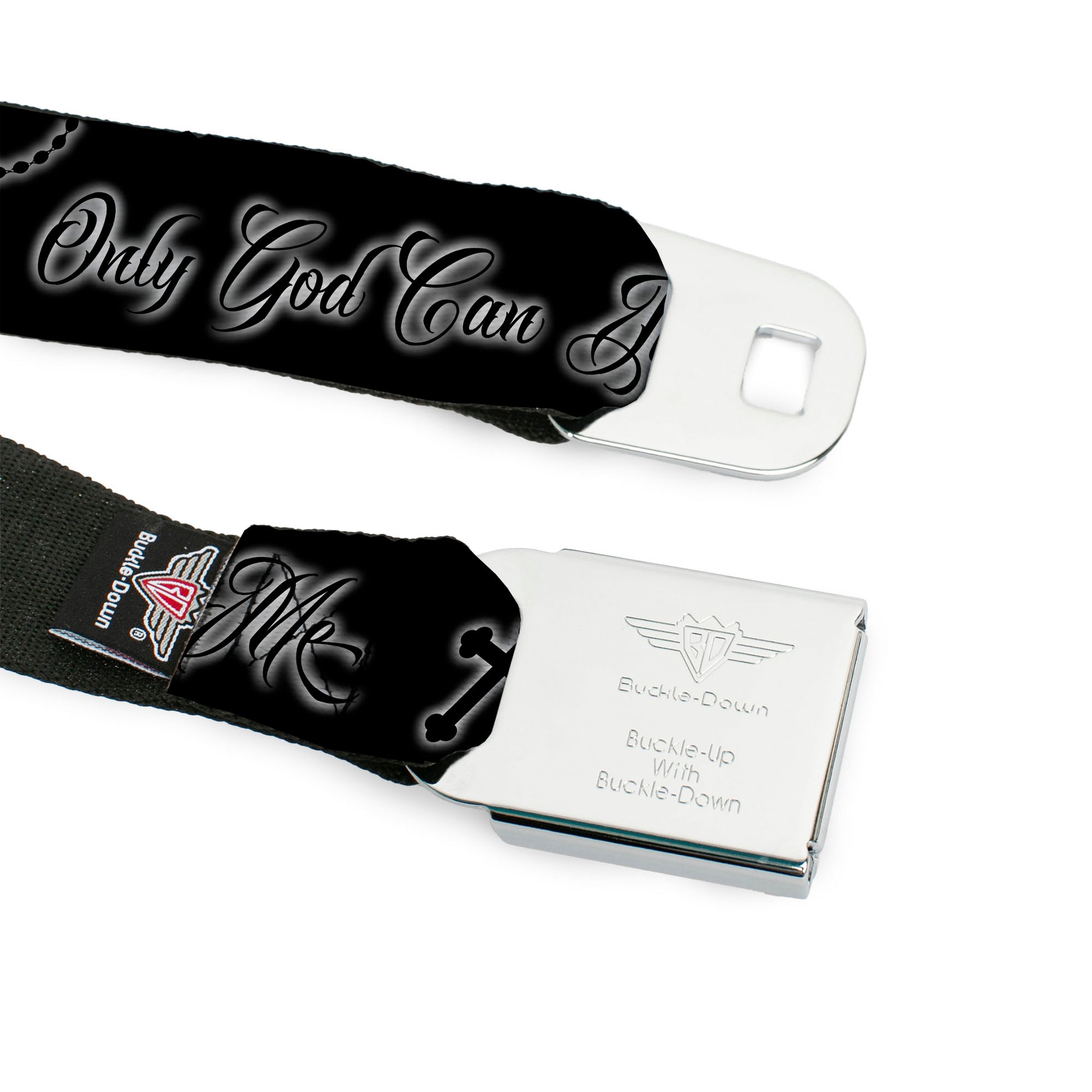 BD Wings Logo CLOSE-UP Black/Silver Seatbelt Belt - ONLY GOD CAN JUDGE ME Script/Rosary Black/Grays/White Webbing Seatbelt Belts Buckle-Down