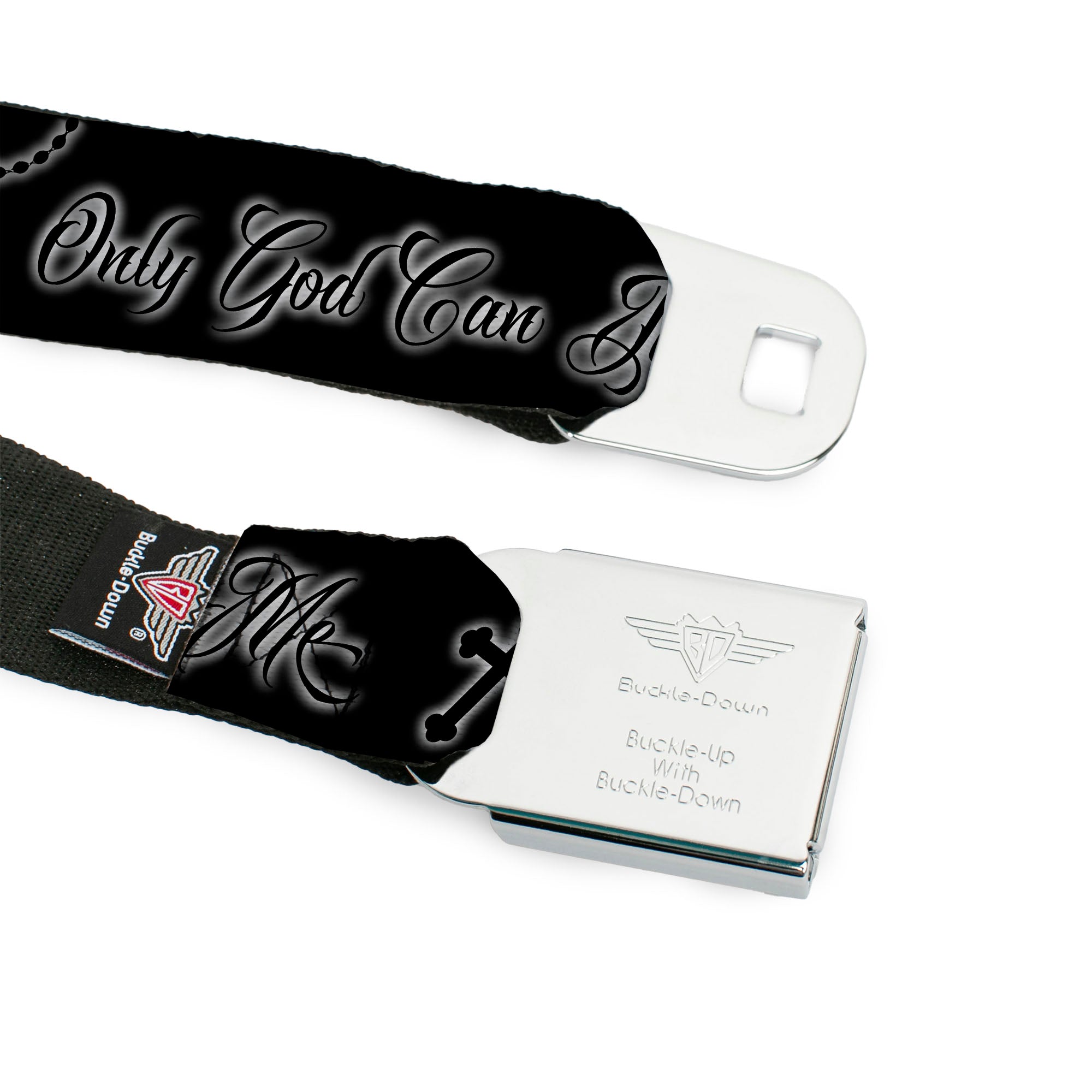 BD Wings Logo CLOSE-UP Black/Silver Seatbelt Belt - ONLY GOD CAN JUDGE ME Script/Rosary Black/Grays/White Webbing Seatbelt Belts Buckle-Down