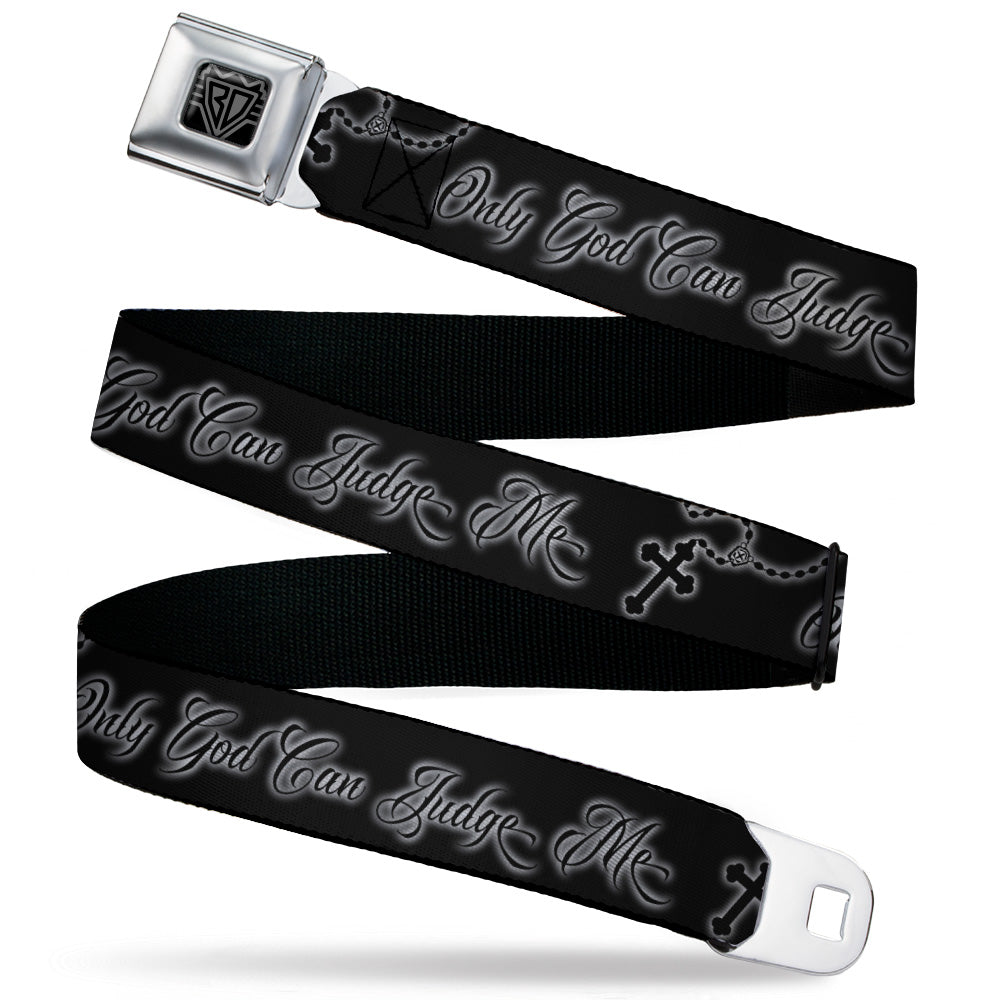 BD Wings Logo CLOSE-UP Black/Silver Seatbelt Belt - ONLY GOD CAN JUDGE ME Script/Rosary Black/Grays/White Webbing Seatbelt Belts Buckle-Down