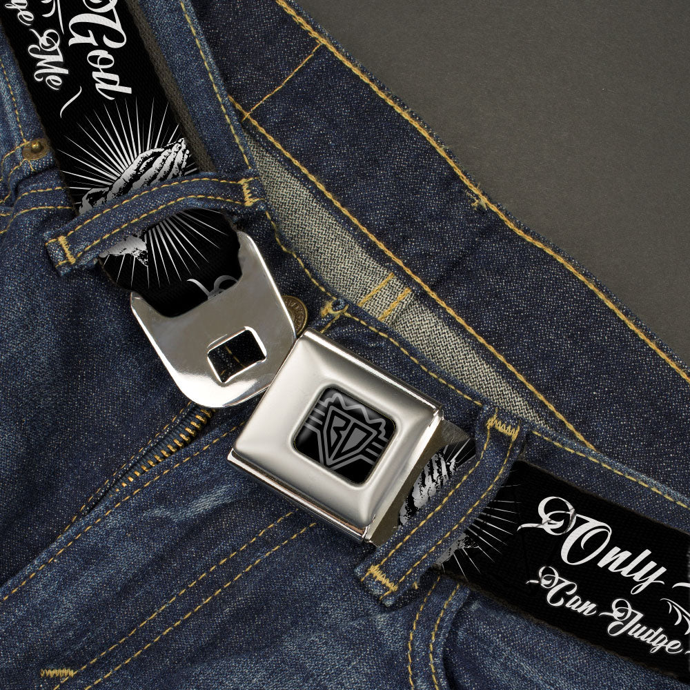 BD Wings Logo CLOSE-UP Black/Silver Seatbelt Belt - ONLY GOD CAN JUDGE ME Script/Praying Hands2 Black/White Webbing Seatbelt Belts Buckle-Down