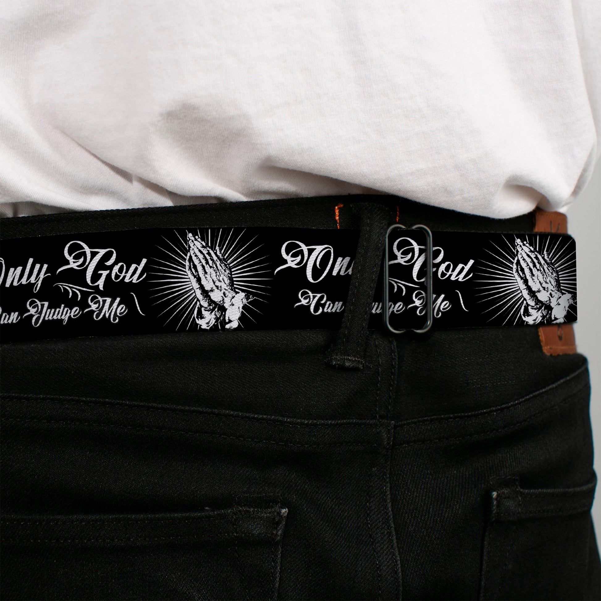 BD Wings Logo CLOSE-UP Black/Silver Seatbelt Belt - ONLY GOD CAN JUDGE ME Script/Praying Hands2 Black/White Webbing Seatbelt Belts Buckle-Down