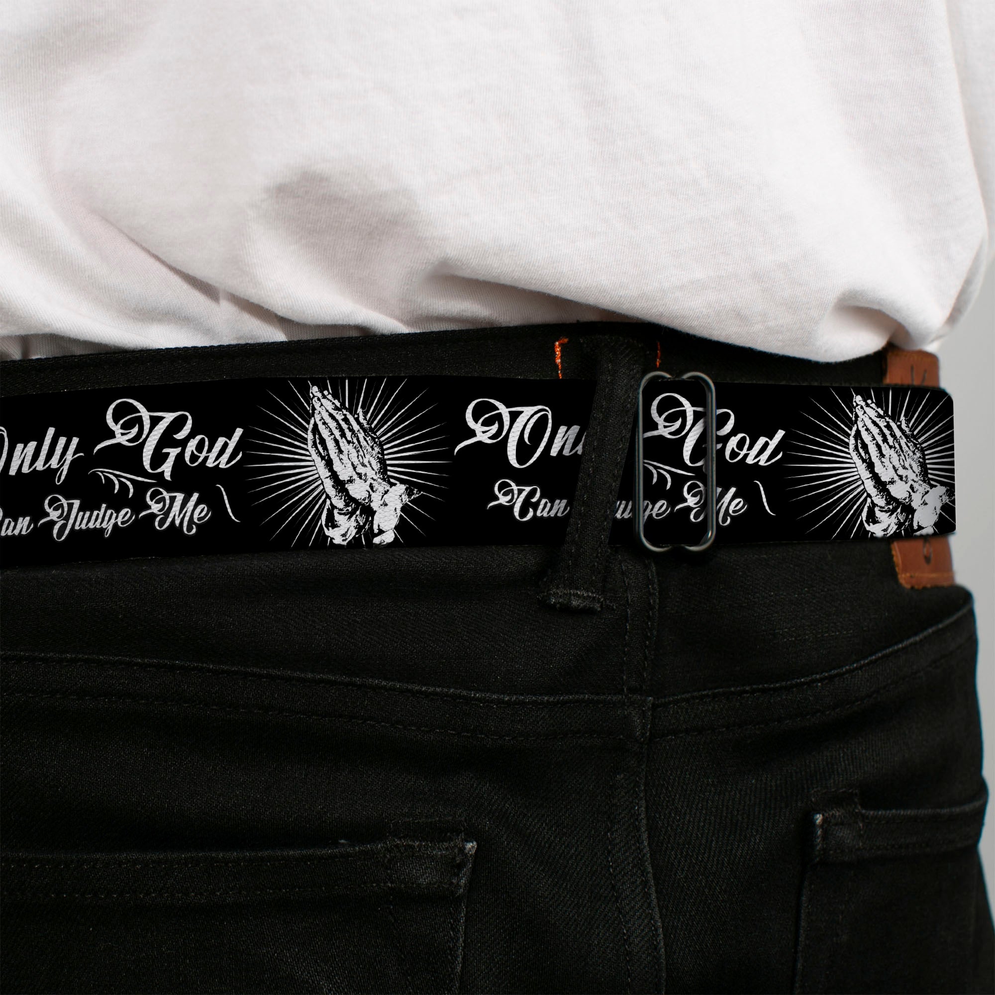 BD Wings Logo CLOSE-UP Black/Silver Seatbelt Belt - ONLY GOD CAN JUDGE ME Script/Praying Hands2 Black/White Webbing Seatbelt Belts Buckle-Down