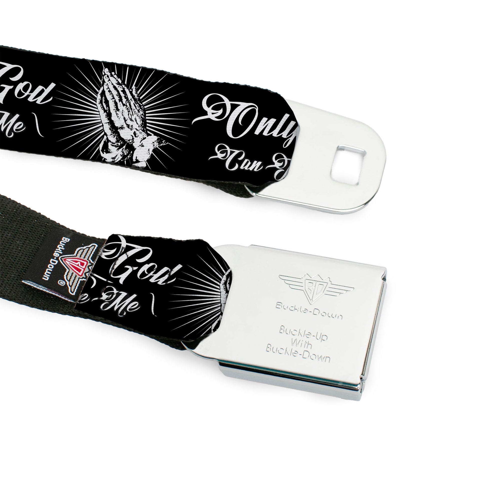 BD Wings Logo CLOSE-UP Black/Silver Seatbelt Belt - ONLY GOD CAN JUDGE ME Script/Praying Hands2 Black/White Webbing Seatbelt Belts Buckle-Down