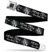 BD Wings Logo CLOSE-UP Black/Silver Seatbelt Belt - ONLY GOD CAN JUDGE ME Script/Praying Hands2 Black/White Webbing Seatbelt Belts Buckle-Down