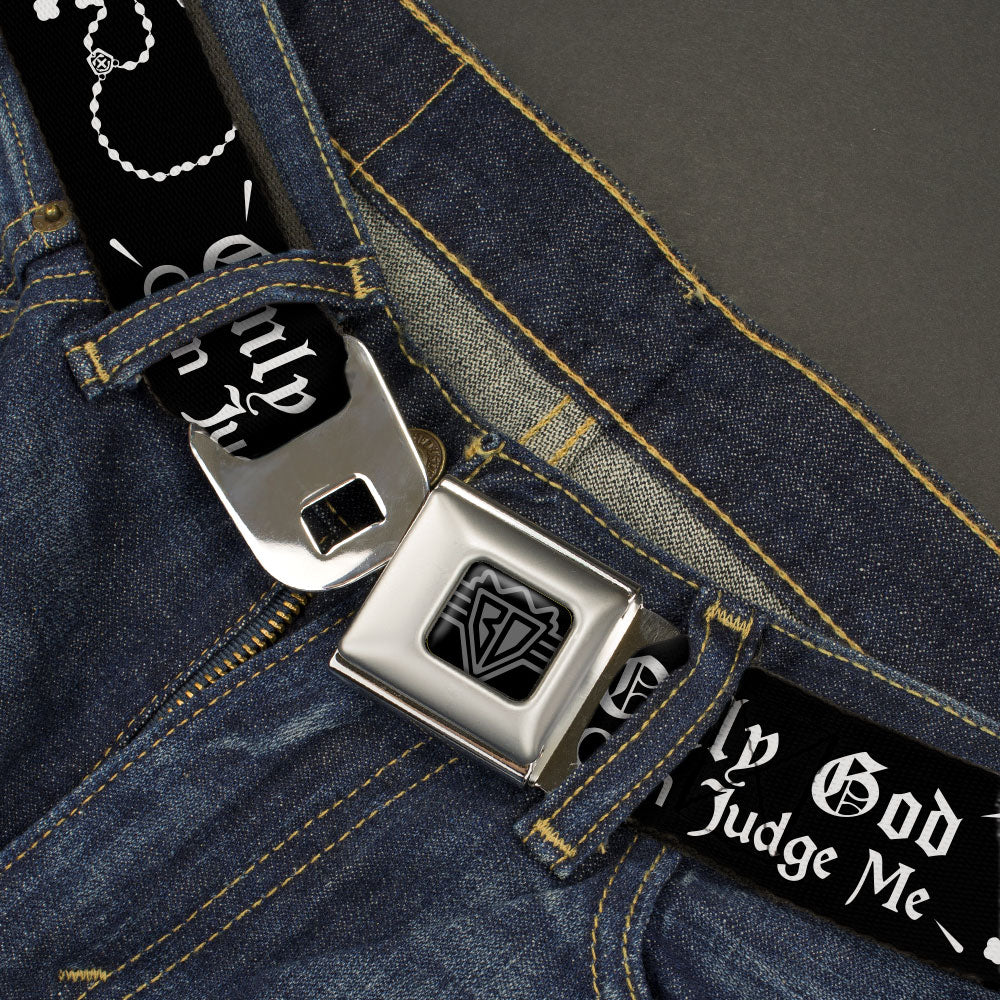 BD Wings Logo CLOSE-UP Black/Silver Seatbelt Belt - ONLY GOD CAN JUDGE ME Old English/Rosary Black/White Webbing Seatbelt Belts Buckle-Down