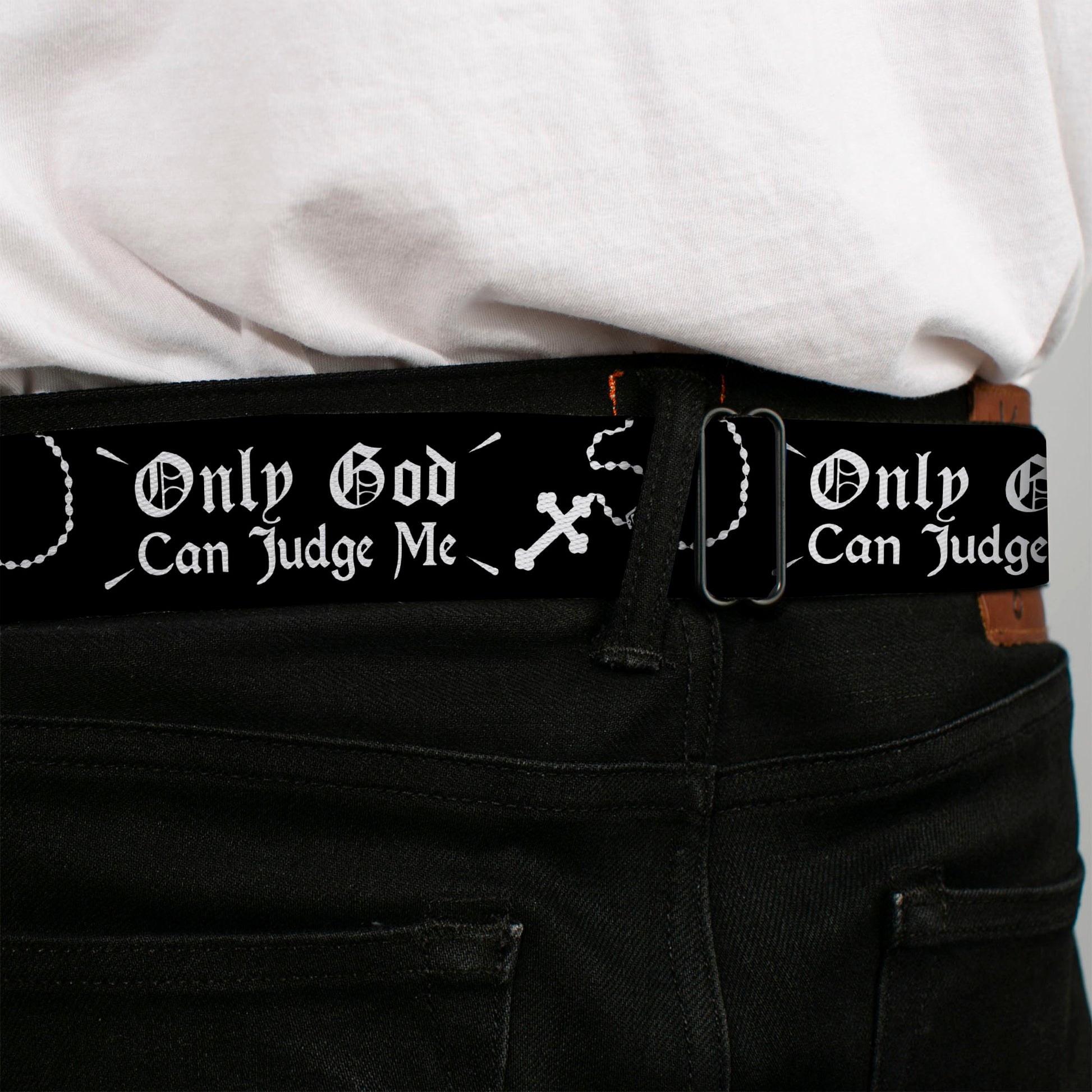 BD Wings Logo CLOSE-UP Black/Silver Seatbelt Belt - ONLY GOD CAN JUDGE ME Old English/Rosary Black/White Webbing Seatbelt Belts Buckle-Down
