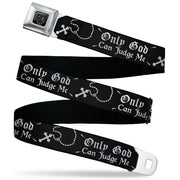 BD Wings Logo CLOSE-UP Black/Silver Seatbelt Belt - ONLY GOD CAN JUDGE ME Old English/Rosary Black/White Webbing Seatbelt Belts Buckle-Down