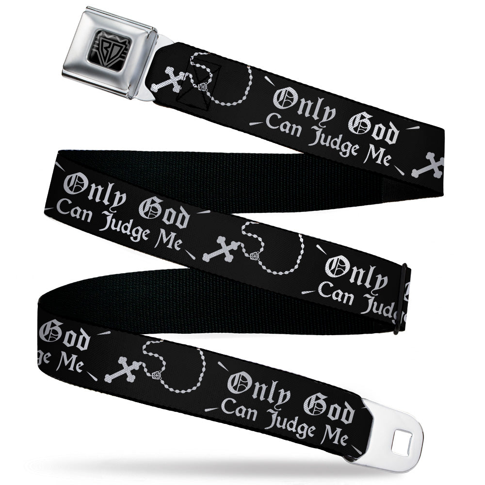 BD Wings Logo CLOSE-UP Black/Silver Seatbelt Belt - ONLY GOD CAN JUDGE ME Old English/Rosary Black/White Webbing Seatbelt Belts Buckle-Down