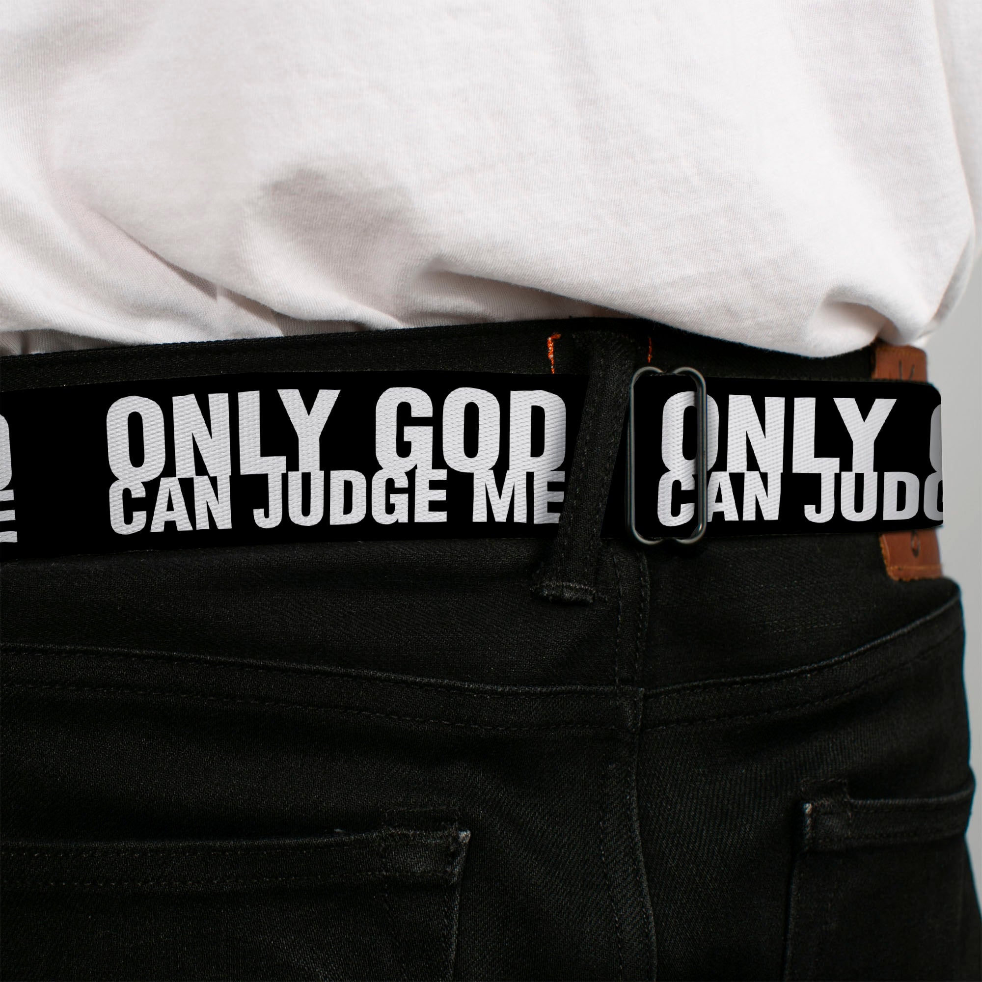 BD Wings Logo CLOSE-UP Full Color Black Silver Seatbelt Belt - ONLY GOD CAN JUDGE ME Bold Black/White Webbing Seatbelt Belts Buckle-Down
