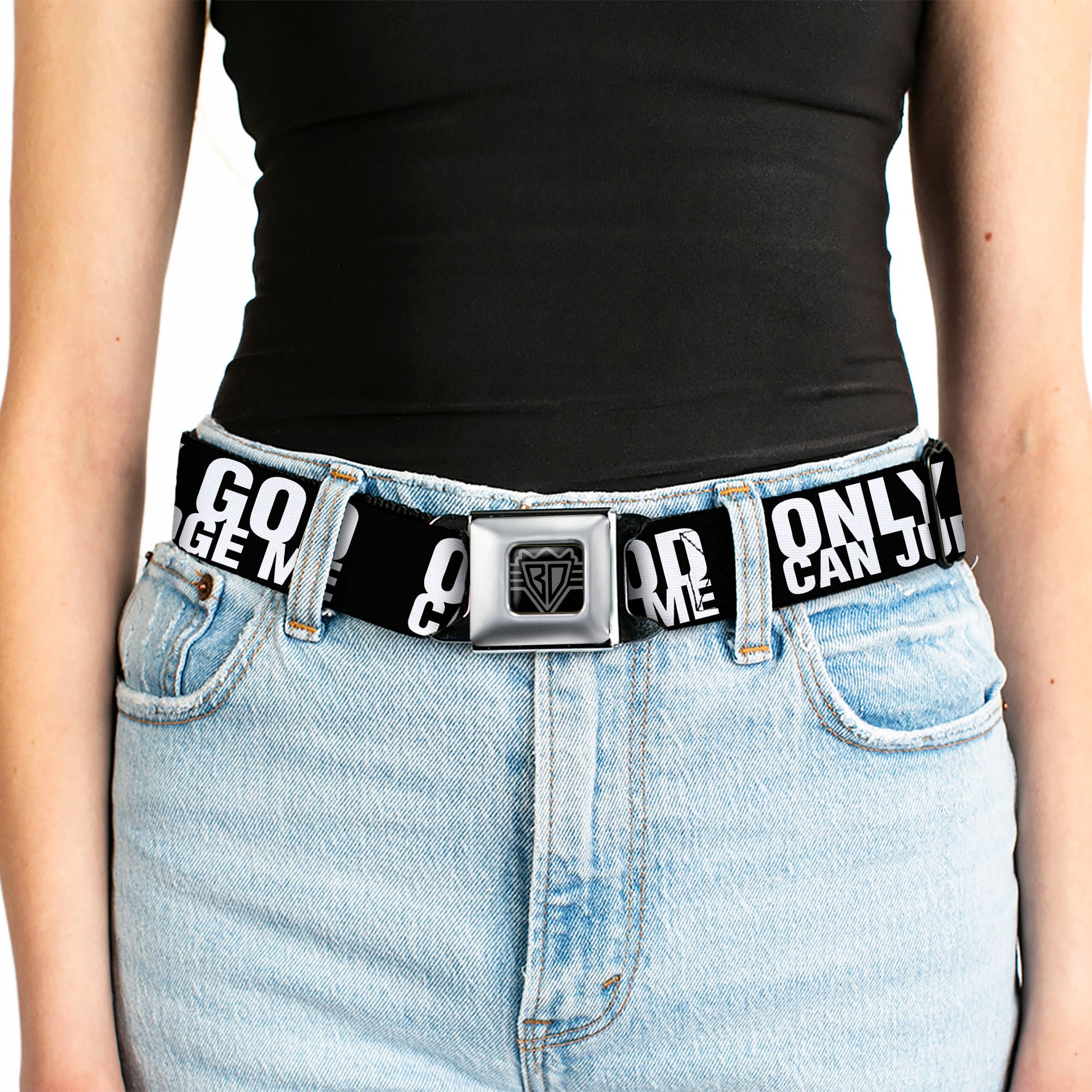BD Wings Logo CLOSE-UP Full Color Black Silver Seatbelt Belt - ONLY GOD CAN JUDGE ME Bold Black/White Webbing Seatbelt Belts Buckle-Down
