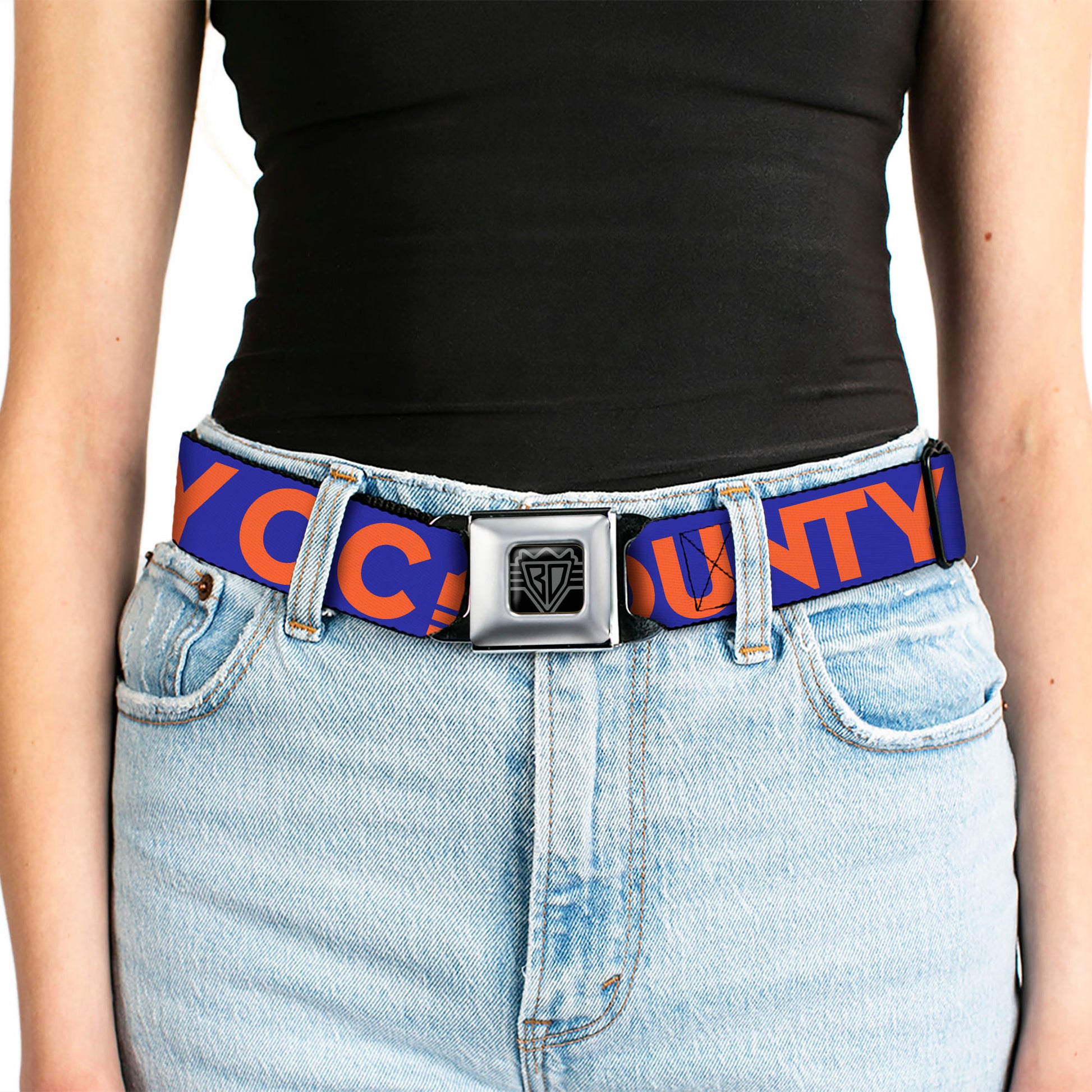 BD Wings Logo CLOSE-UP Full Color Black Silver Seatbelt Belt - ORANGE COUNTY/Wave Icon Blue/Orange Webbing Seatbelt Belts Buckle-Down