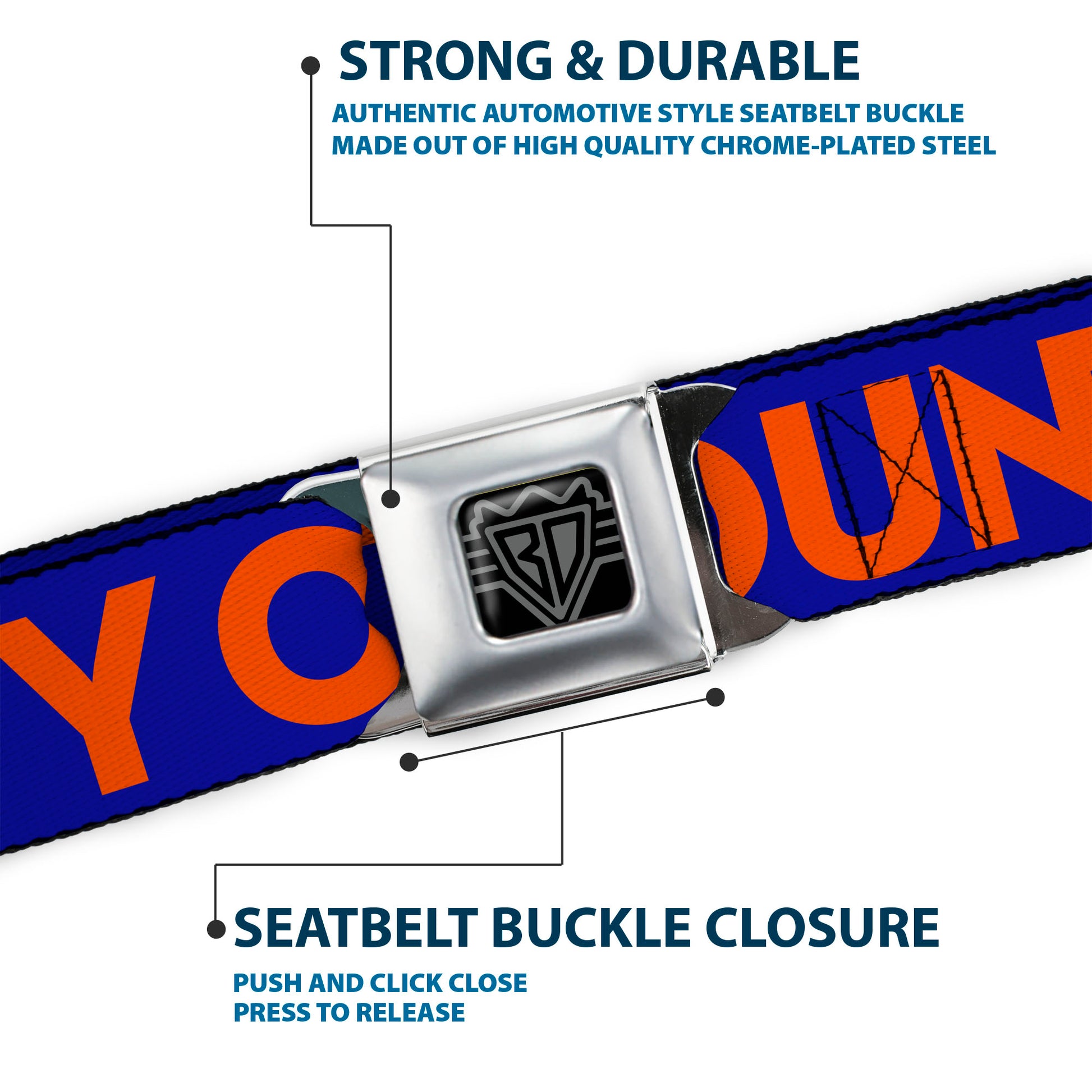 BD Wings Logo CLOSE-UP Full Color Black Silver Seatbelt Belt - ORANGE COUNTY/Wave Icon Blue/Orange Webbing Seatbelt Belts Buckle-Down