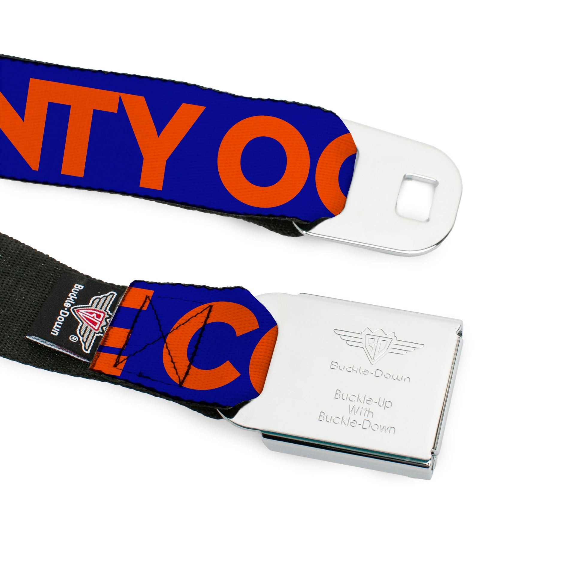 BD Wings Logo CLOSE-UP Full Color Black Silver Seatbelt Belt - ORANGE COUNTY/Wave Icon Blue/Orange Webbing Seatbelt Belts Buckle-Down