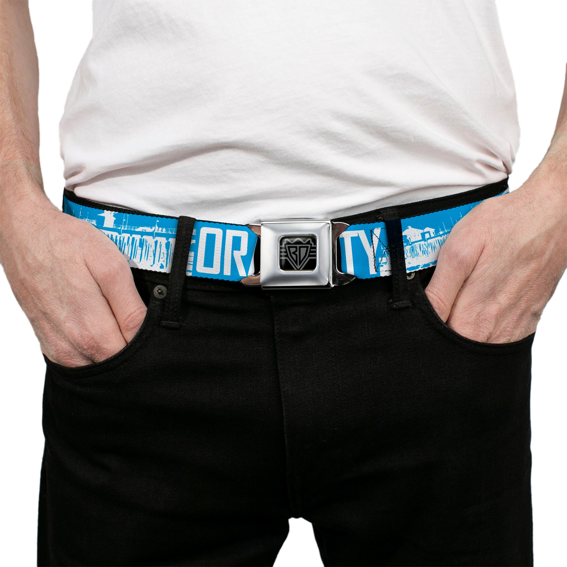 BD Wings Logo CLOSE-UP Full Color Black Silver Seatbelt Belt - ORANGE COUNTY/Pier Scene Blue/White Webbing Seatbelt Belts Buckle-Down