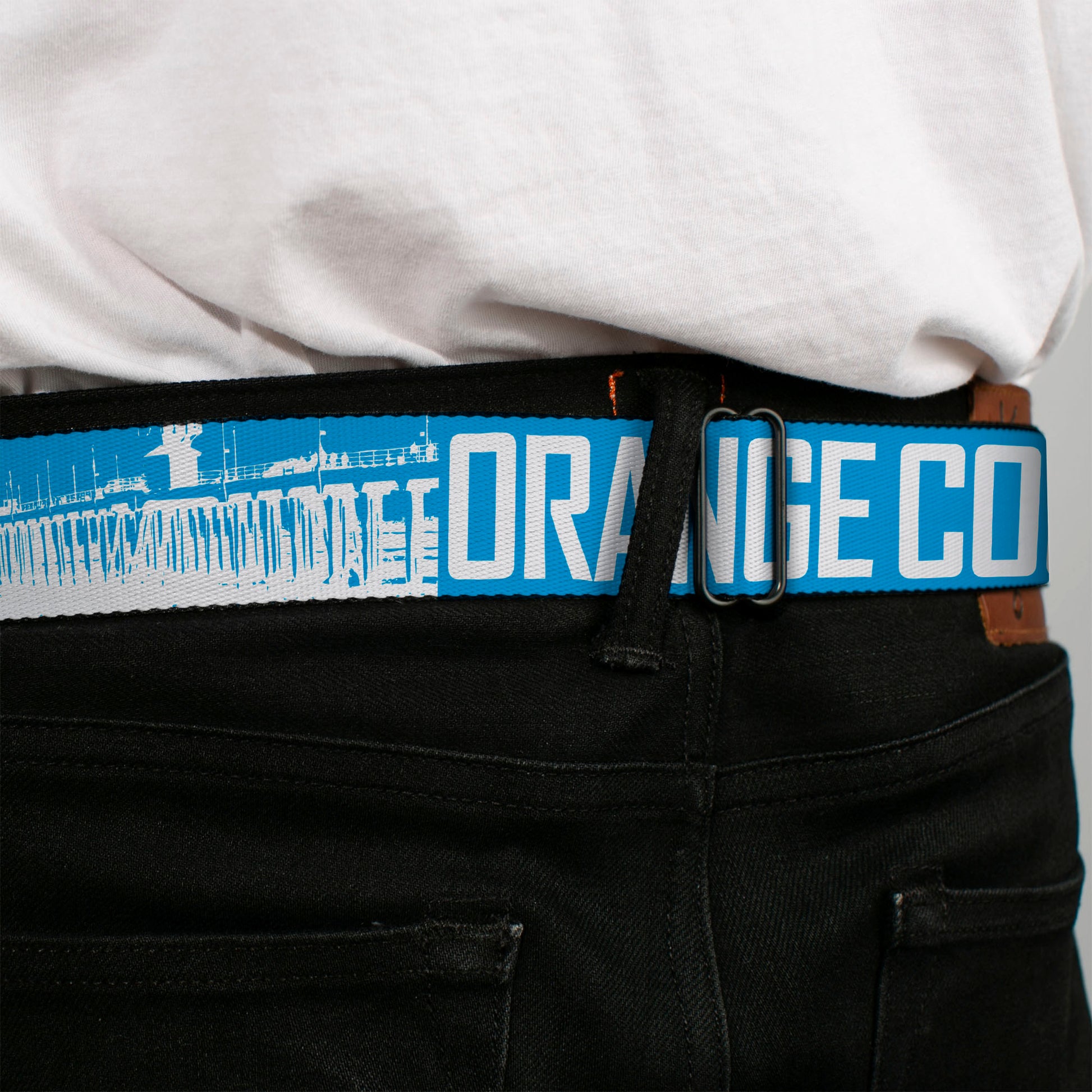 BD Wings Logo CLOSE-UP Full Color Black Silver Seatbelt Belt - ORANGE COUNTY/Pier Scene Blue/White Webbing Seatbelt Belts Buckle-Down