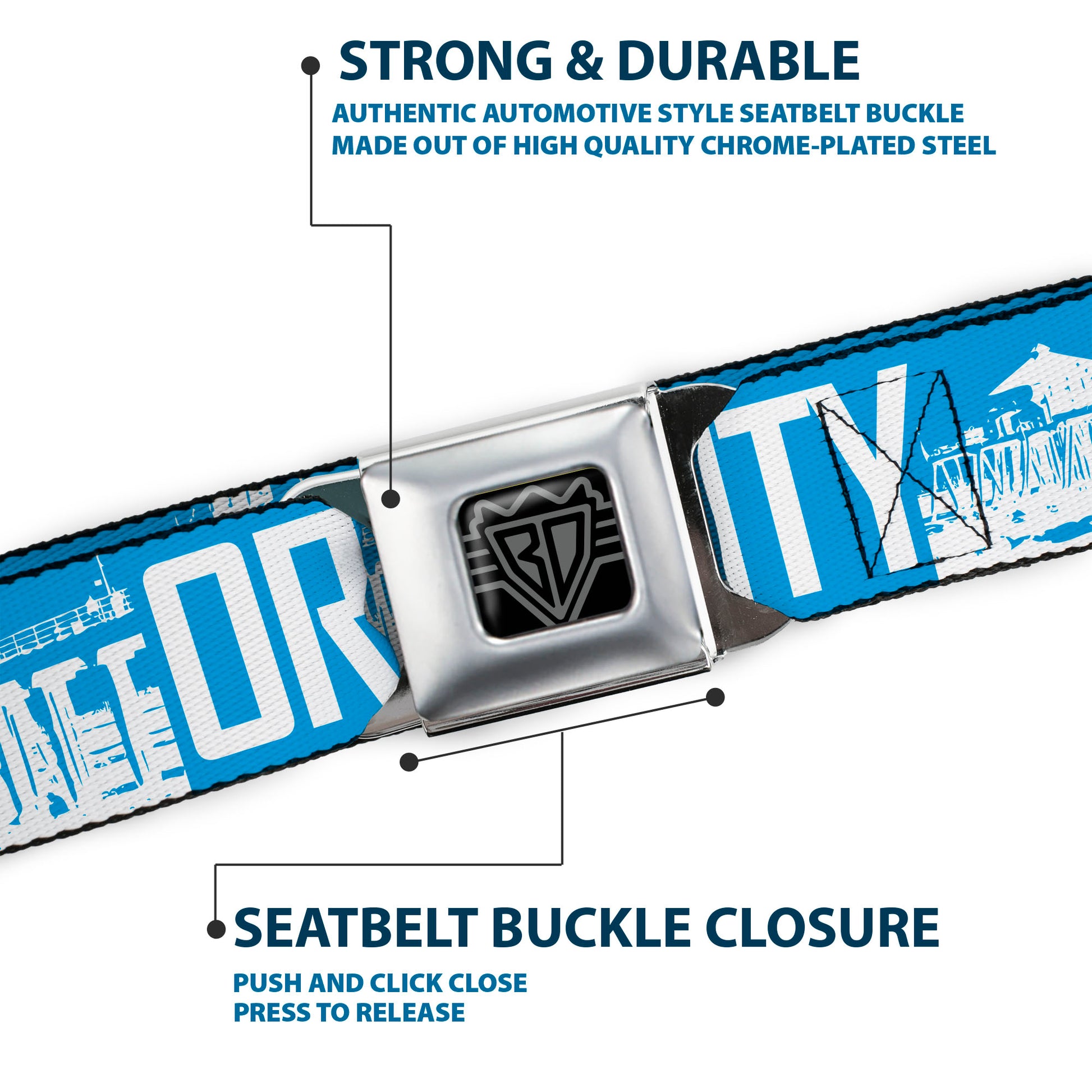 BD Wings Logo CLOSE-UP Full Color Black Silver Seatbelt Belt - ORANGE COUNTY/Pier Scene Blue/White Webbing Seatbelt Belts Buckle-Down