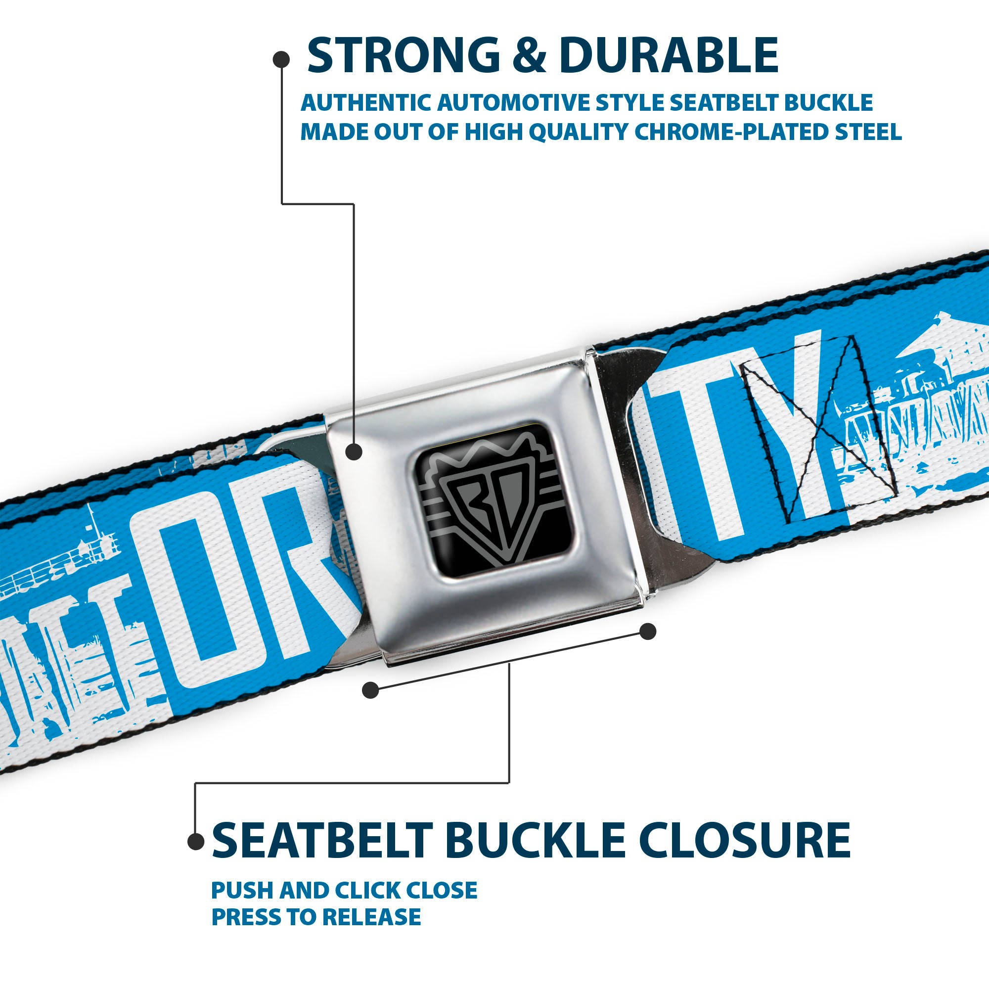 BD Wings Logo CLOSE-UP Full Color Black Silver Seatbelt Belt - ORANGE COUNTY/Pier Scene Blue/White Webbing Seatbelt Belts Buckle-Down