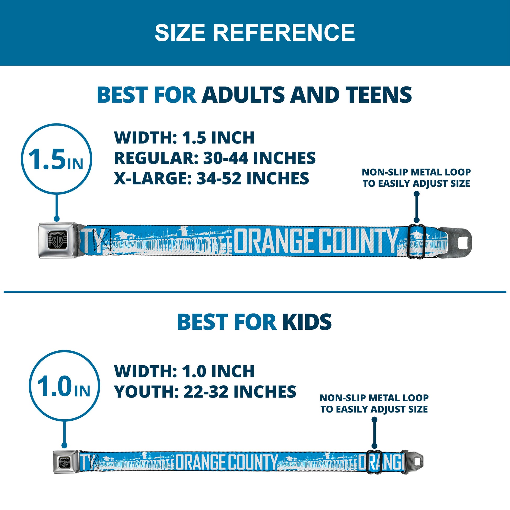 BD Wings Logo CLOSE-UP Full Color Black Silver Seatbelt Belt - ORANGE COUNTY/Pier Scene Blue/White Webbing Seatbelt Belts Buckle-Down