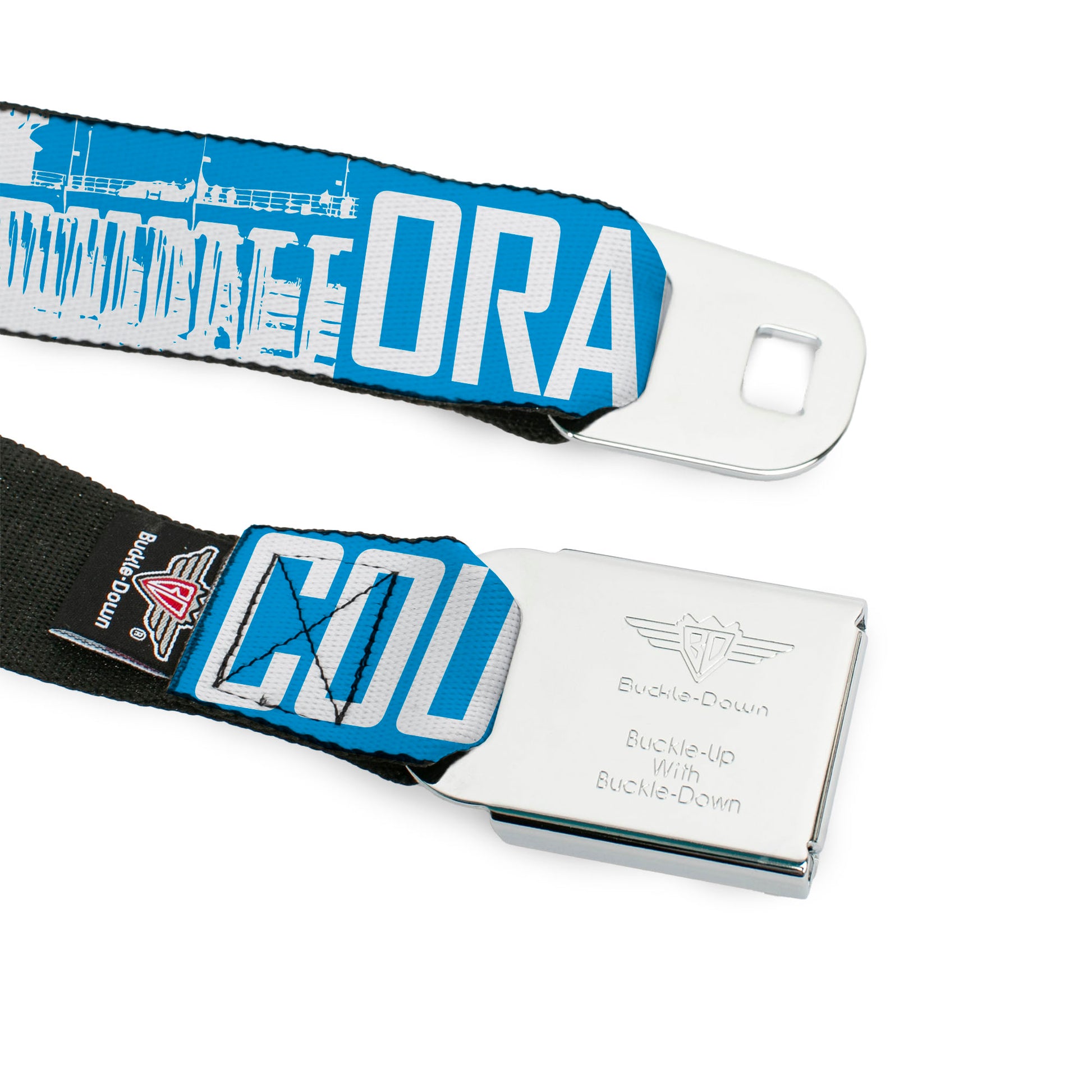 BD Wings Logo CLOSE-UP Full Color Black Silver Seatbelt Belt - ORANGE COUNTY/Pier Scene Blue/White Webbing Seatbelt Belts Buckle-Down