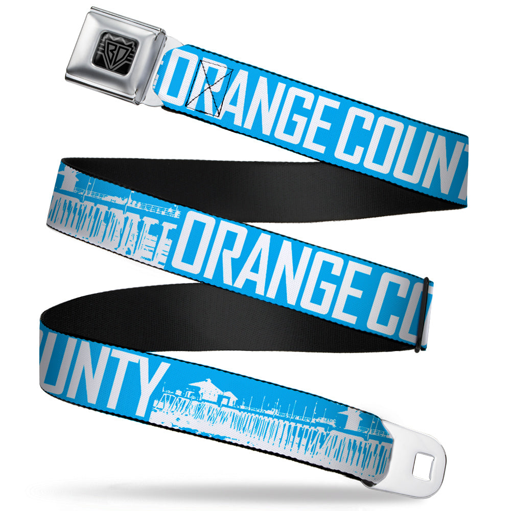 BD Wings Logo CLOSE-UP Full Color Black Silver Seatbelt Belt - ORANGE COUNTY/Pier Scene Blue/White Webbing Seatbelt Belts Buckle-Down