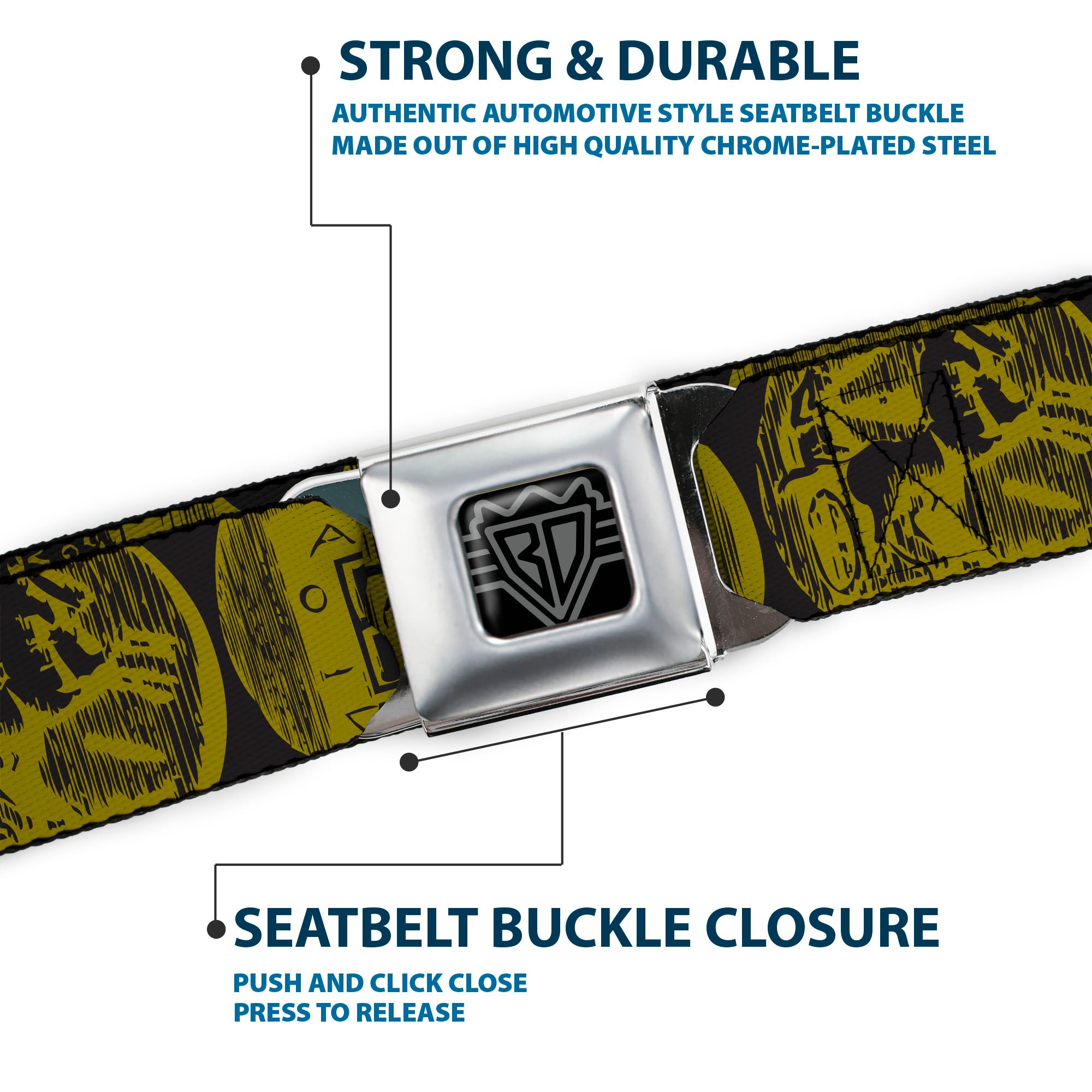 BD Wings Logo CLOSE-UP Black/Silver Seatbelt Belt - Old World Coinage Black/Golden Yellow Webbing Seatbelt Belts Buckle-Down