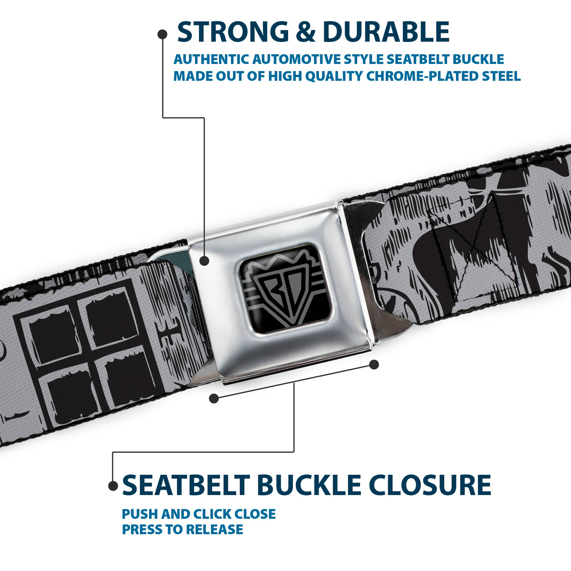 BD Wings Logo CLOSE-UP Full Color Black Silver Seatbelt Belt - Old World Coinage CLOSE-UP Black/Gray Webbing Seatbelt Belts Buckle-Down