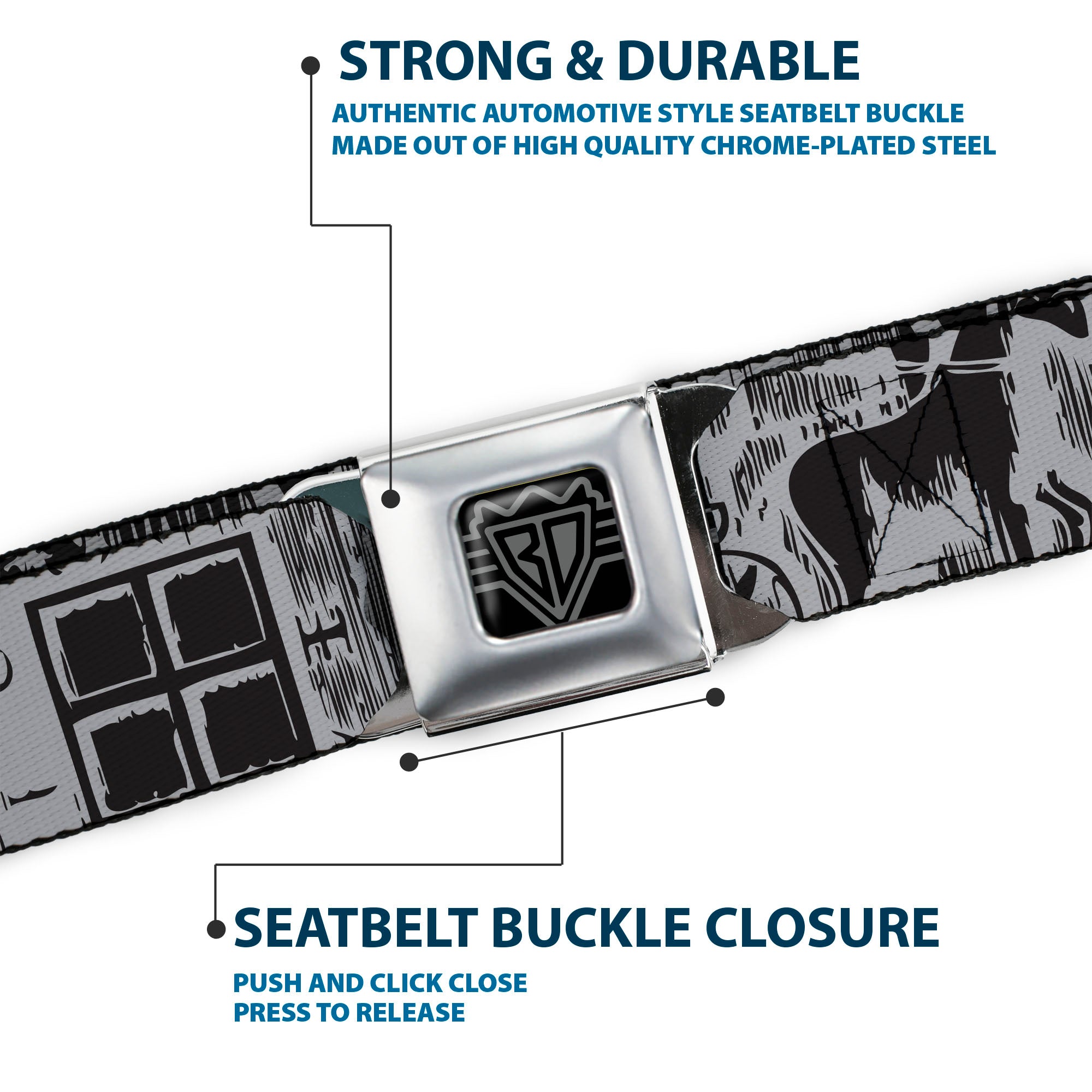 BD Wings Logo CLOSE-UP Full Color Black Silver Seatbelt Belt - Old World Coinage CLOSE-UP Black/Gray Webbing Seatbelt Belts Buckle-Down