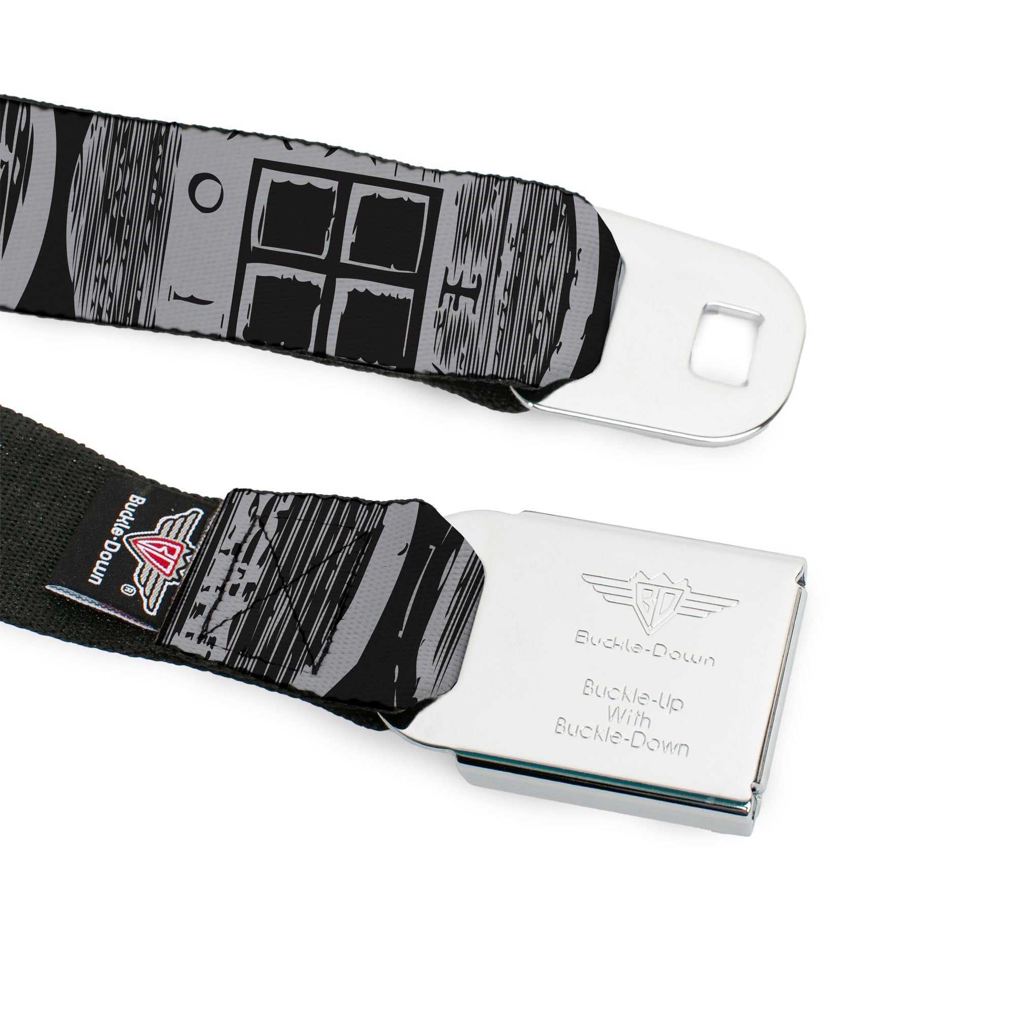 BD Wings Logo CLOSE-UP Full Color Black Silver Seatbelt Belt - Old World Coinage CLOSE-UP Black/Gray Webbing Seatbelt Belts Buckle-Down