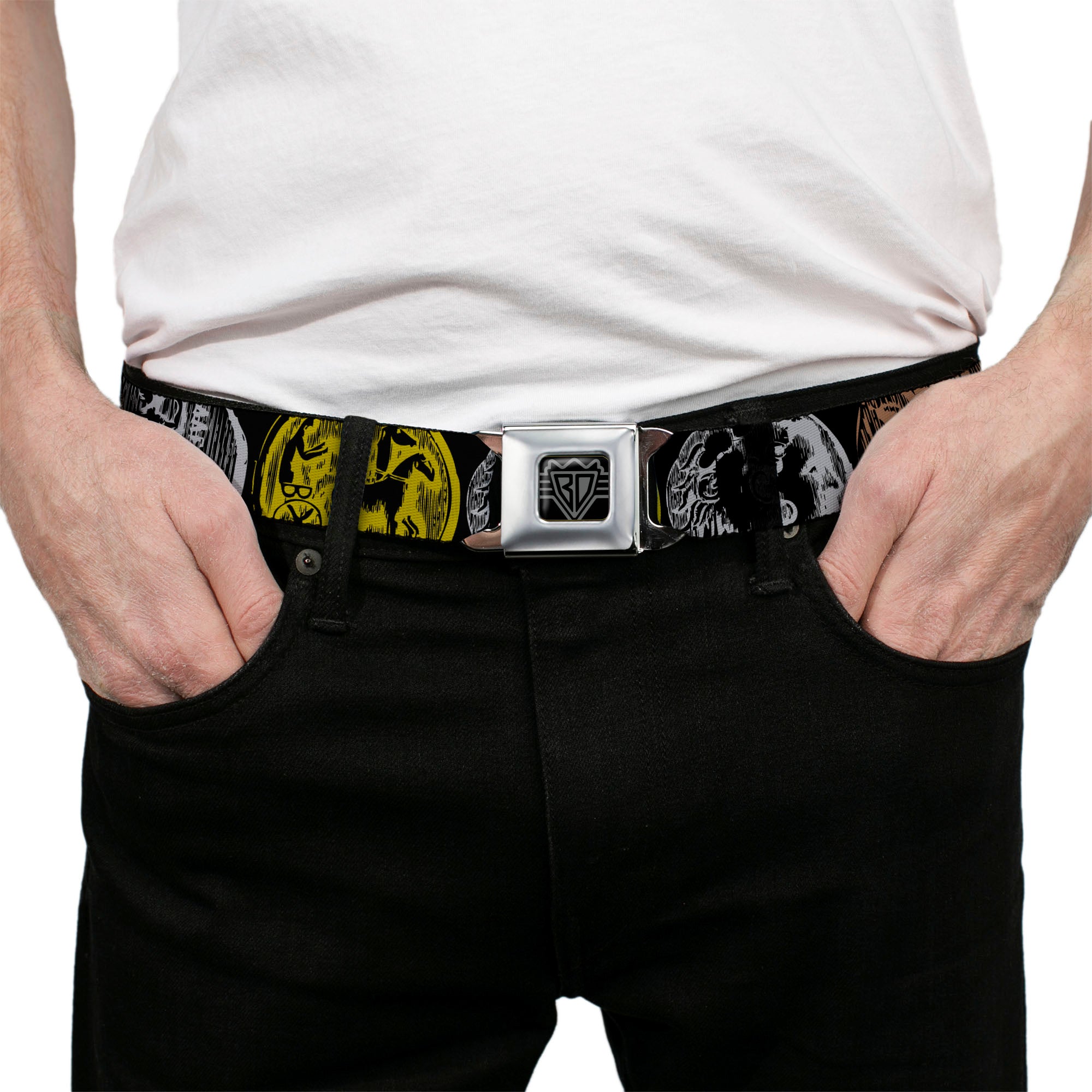 BD Wings Logo CLOSE-UP Full Color Black Silver Seatbelt Belt - Old World Coinage2 Black/Golden Yellow/Gray/Copper Webbing Seatbelt Belts Buckle-Down