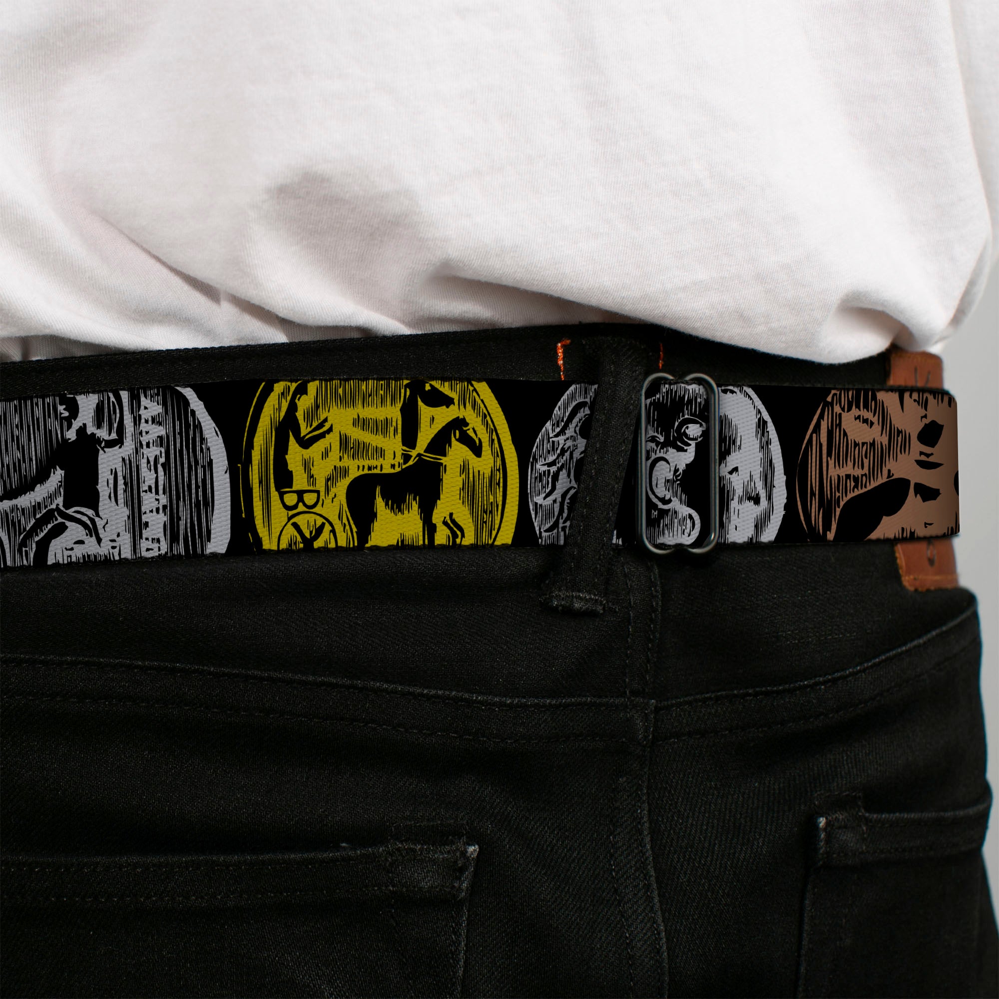 BD Wings Logo CLOSE-UP Full Color Black Silver Seatbelt Belt - Old World Coinage2 Black/Golden Yellow/Gray/Copper Webbing Seatbelt Belts Buckle-Down