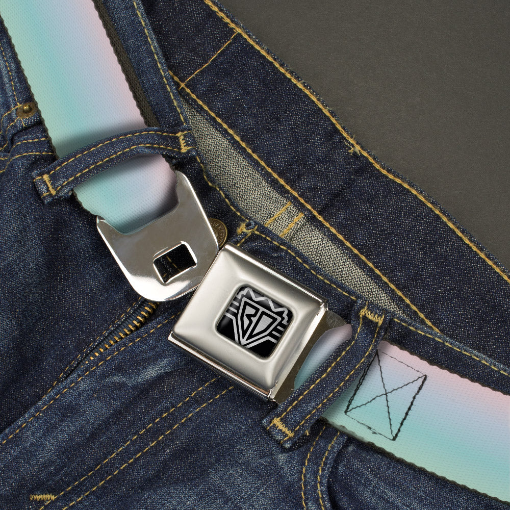 BD Wings Logo CLOSE-UP Full Color Black Silver Seatbelt Belt - Ombre Pink/Blue-Green Webbing Seatbelt Belts Buckle-Down