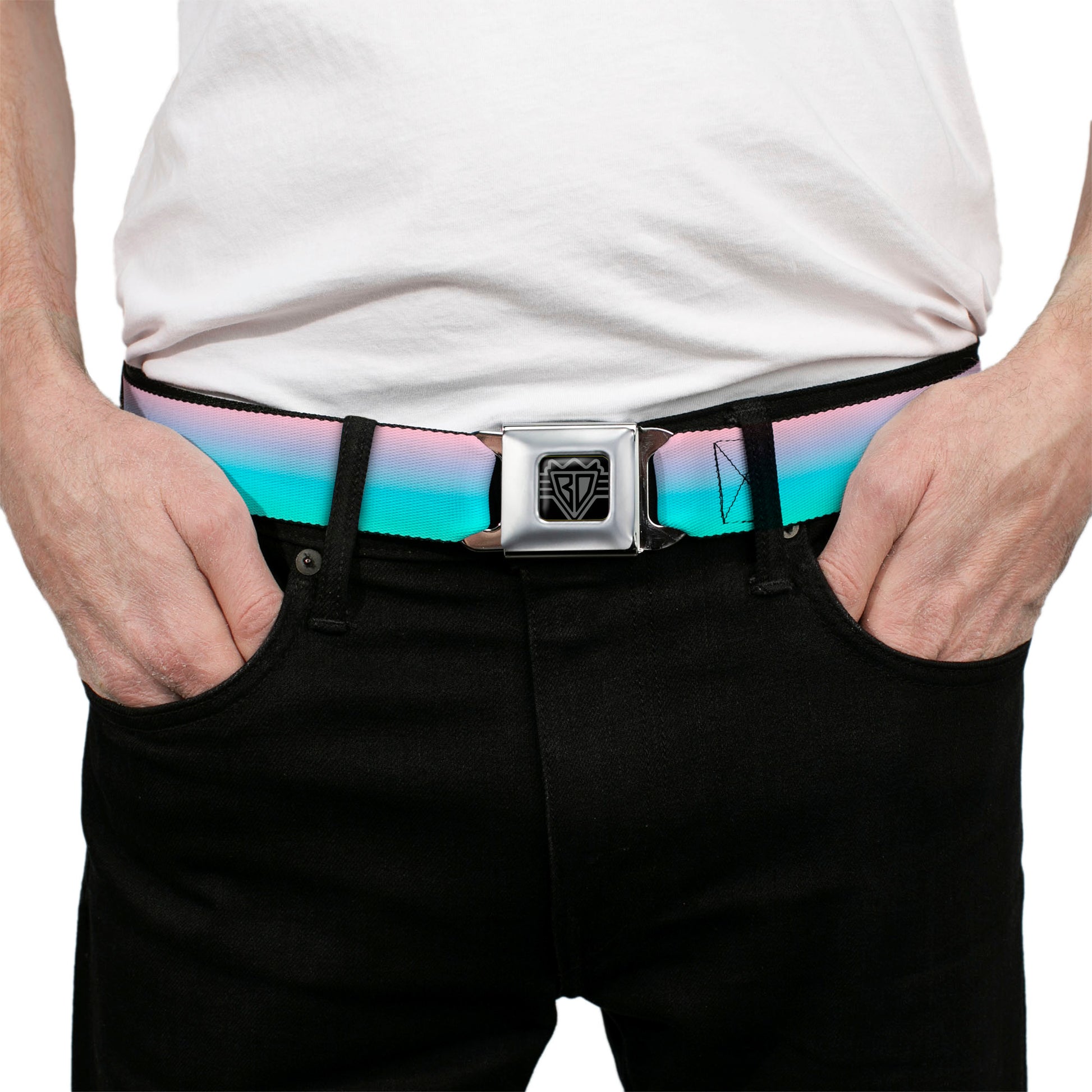 BD Wings Logo CLOSE-UP Full Color Black Silver Seatbelt Belt - Ombre Pink/Blue-Green Webbing Seatbelt Belts Buckle-Down