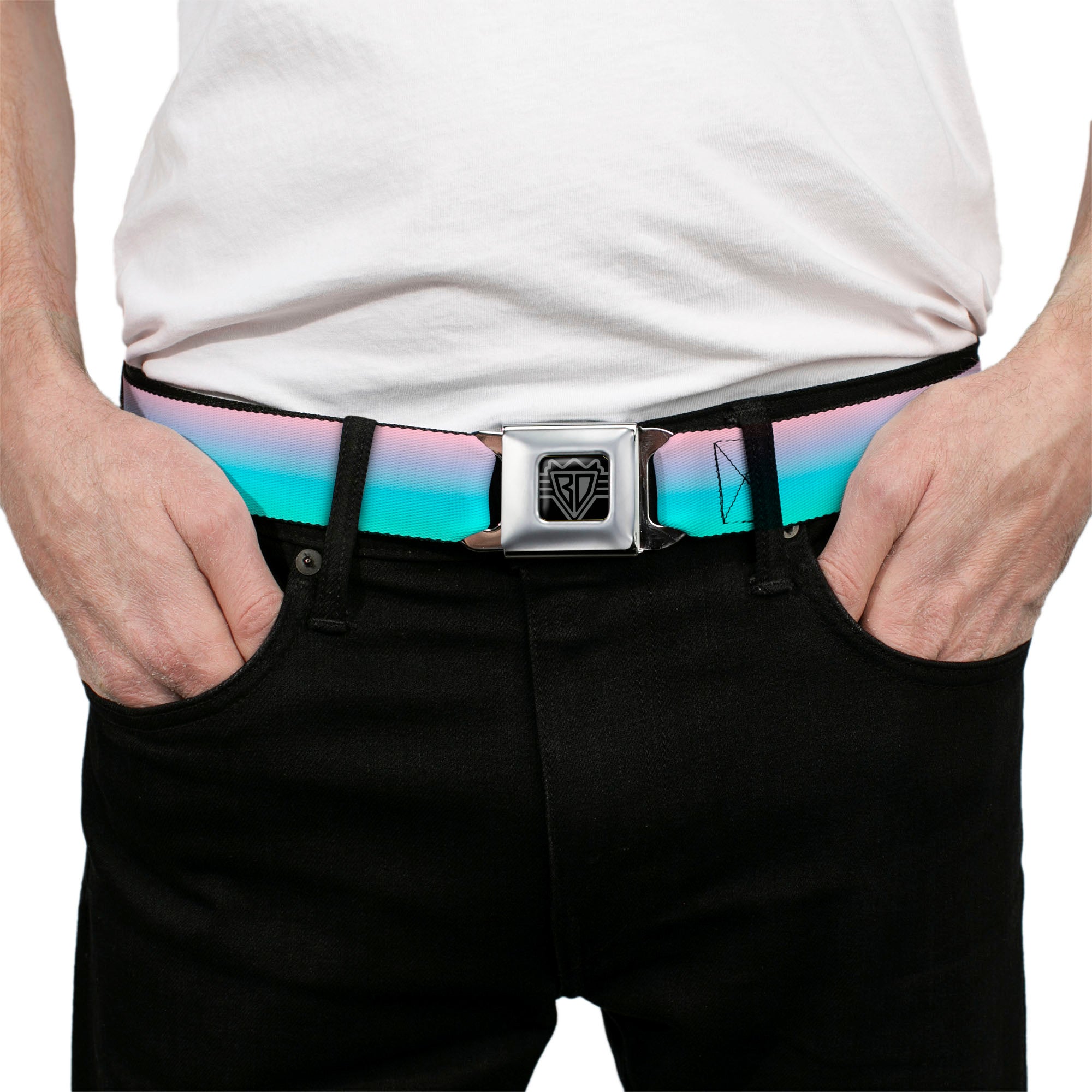 BD Wings Logo CLOSE-UP Full Color Black Silver Seatbelt Belt - Ombre Pink/Blue-Green Webbing Seatbelt Belts Buckle-Down