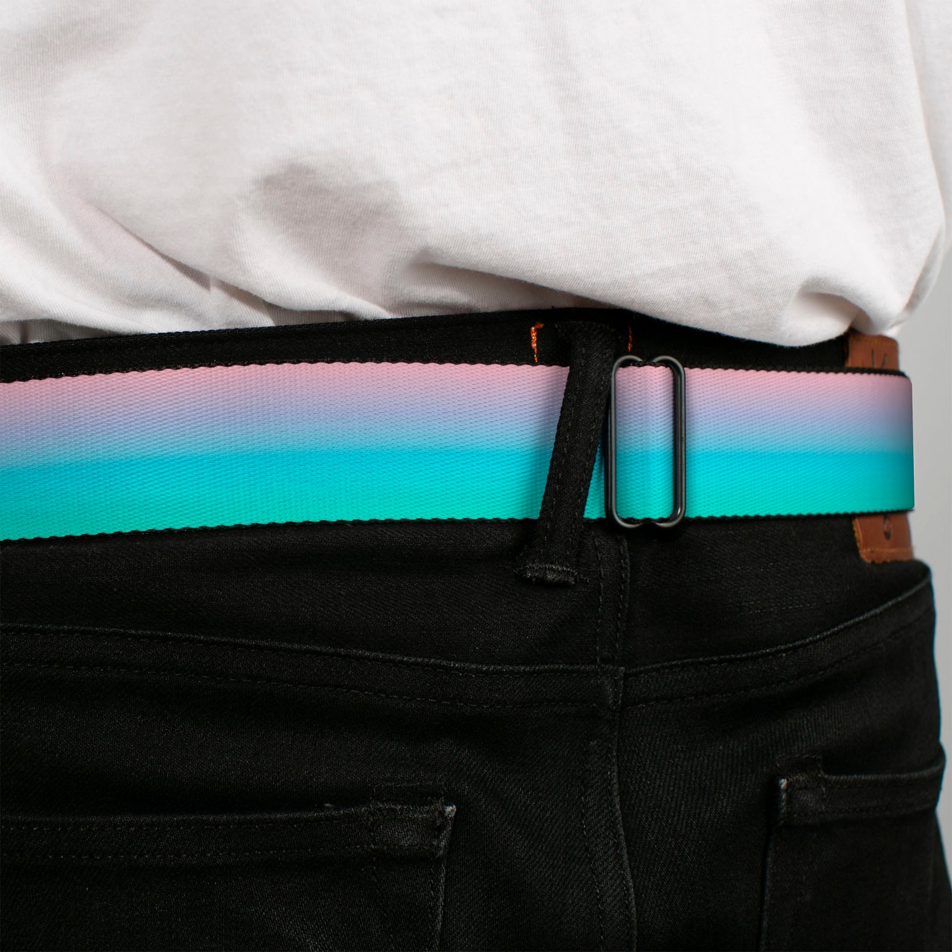 BD Wings Logo CLOSE-UP Full Color Black Silver Seatbelt Belt - Ombre Pink/Blue-Green Webbing Seatbelt Belts Buckle-Down