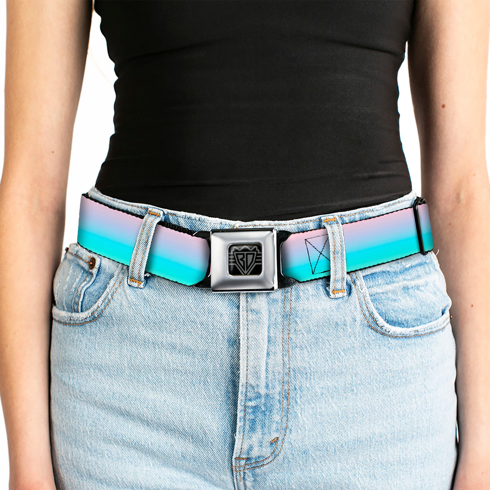 BD Wings Logo CLOSE-UP Full Color Black Silver Seatbelt Belt - Ombre Pink/Blue-Green Webbing Seatbelt Belts Buckle-Down